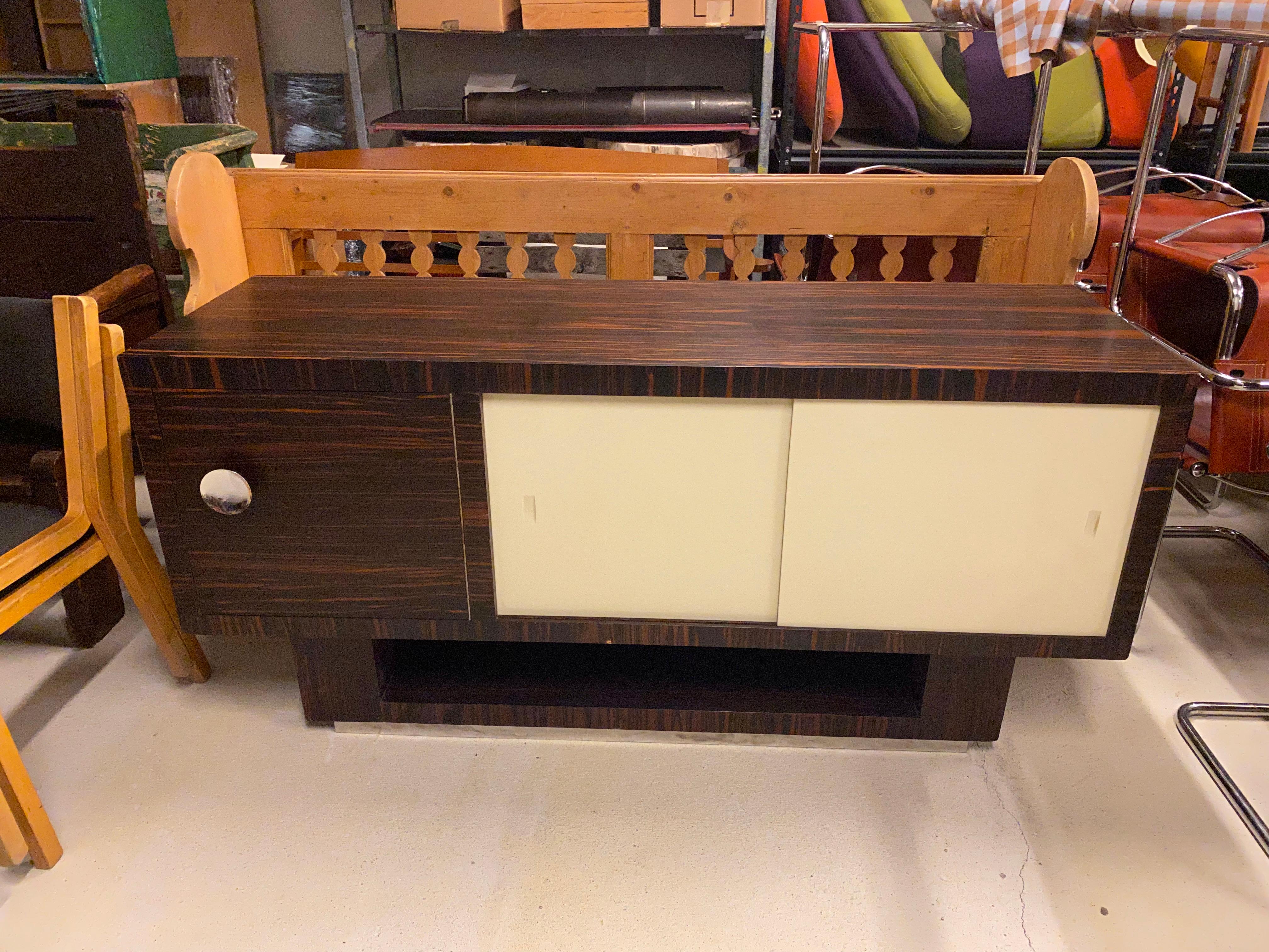 Macassar Ebony Art Deco Sideboard with White Glass Doors, France, 1930's For Sale 1