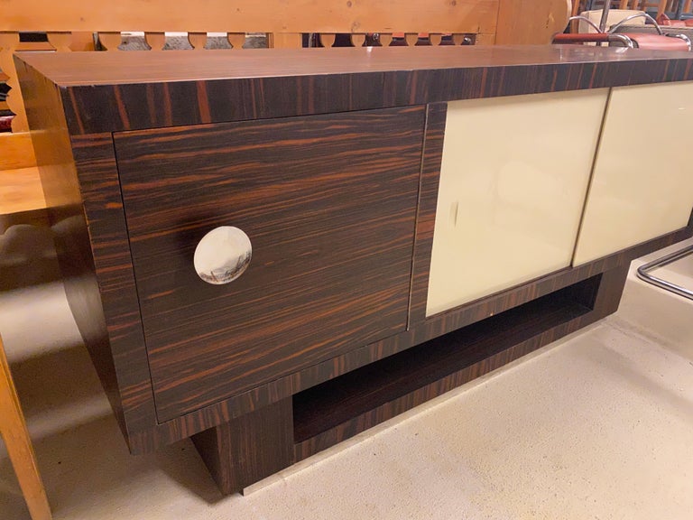 Macassar Ebony Art Deco Sideboard with White Glass Doors, France, 1930's For Sale 2