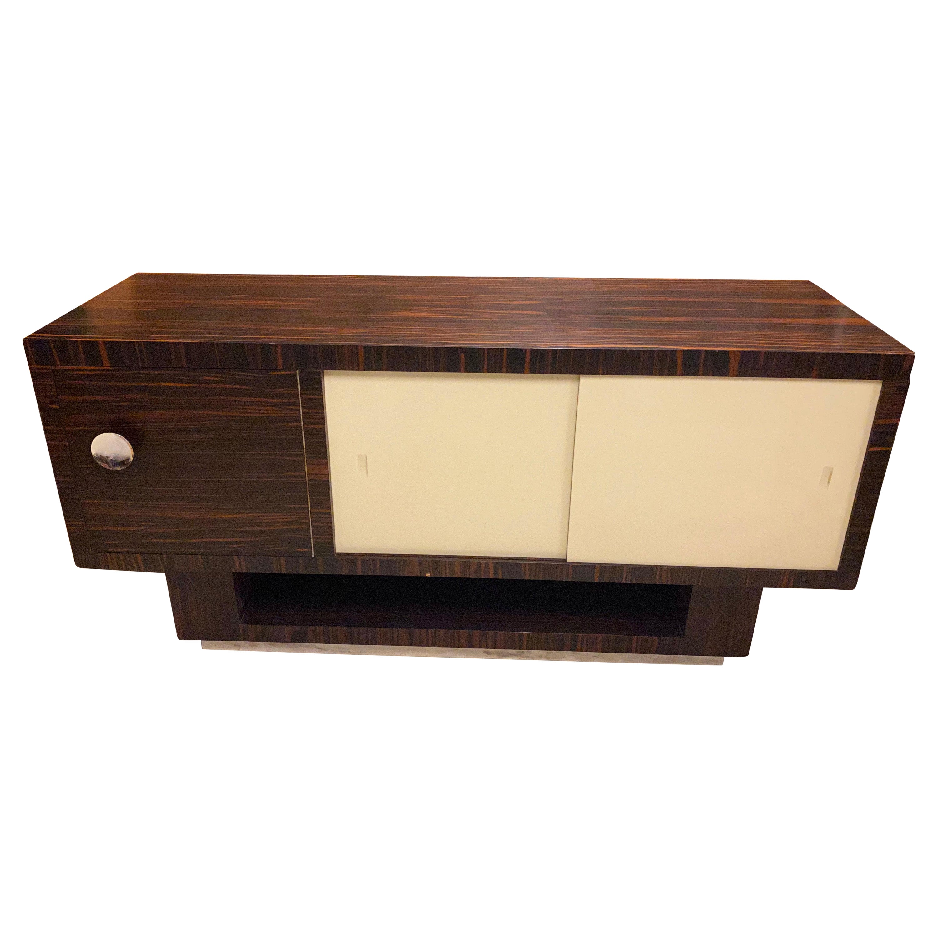 Macassar Ebony Art Deco Sideboard with White Glass Doors, France, 1930's