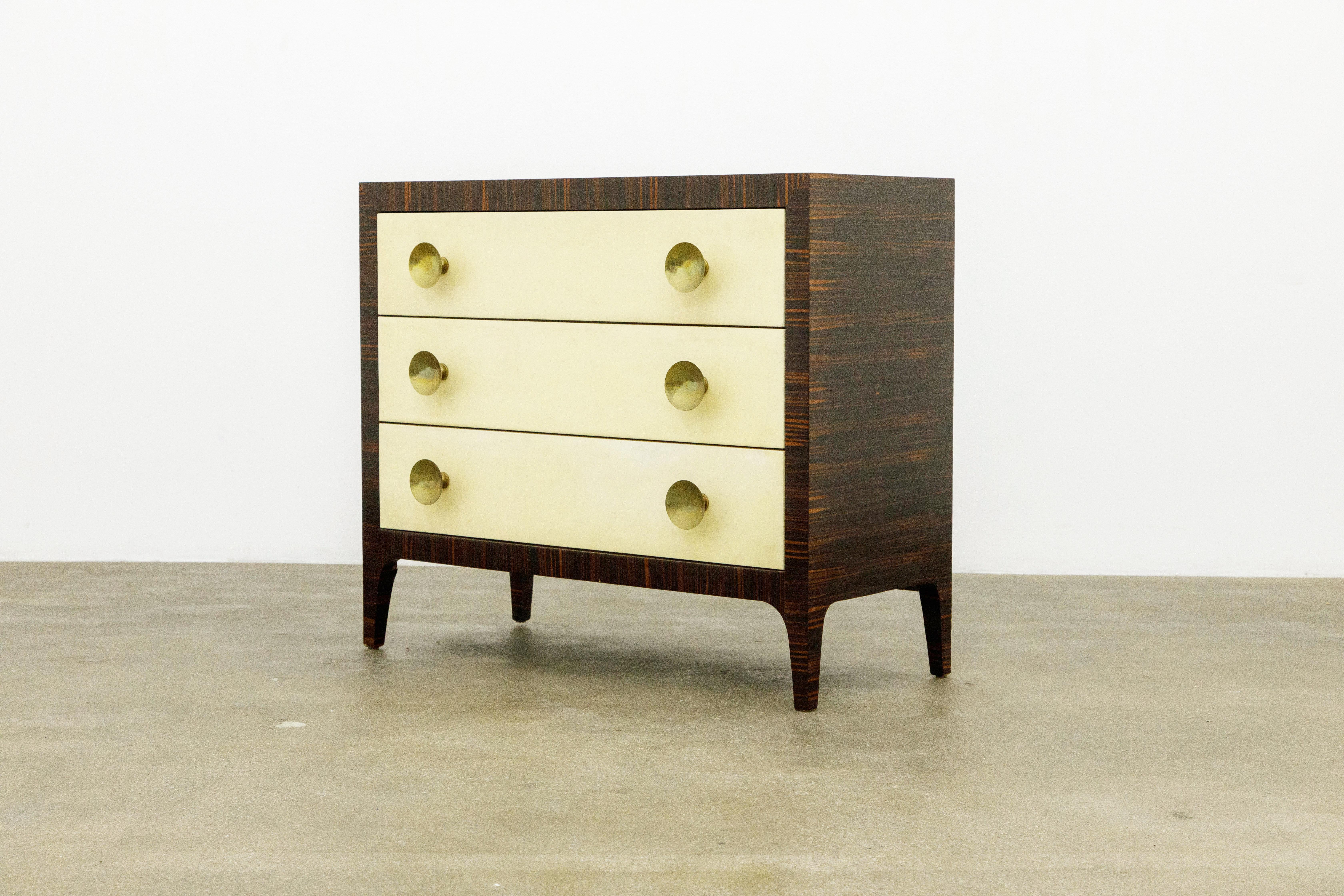 Macassar Ebony, Brass and Parchment Deco Styled Chest of Drawers, circa 1970s 3