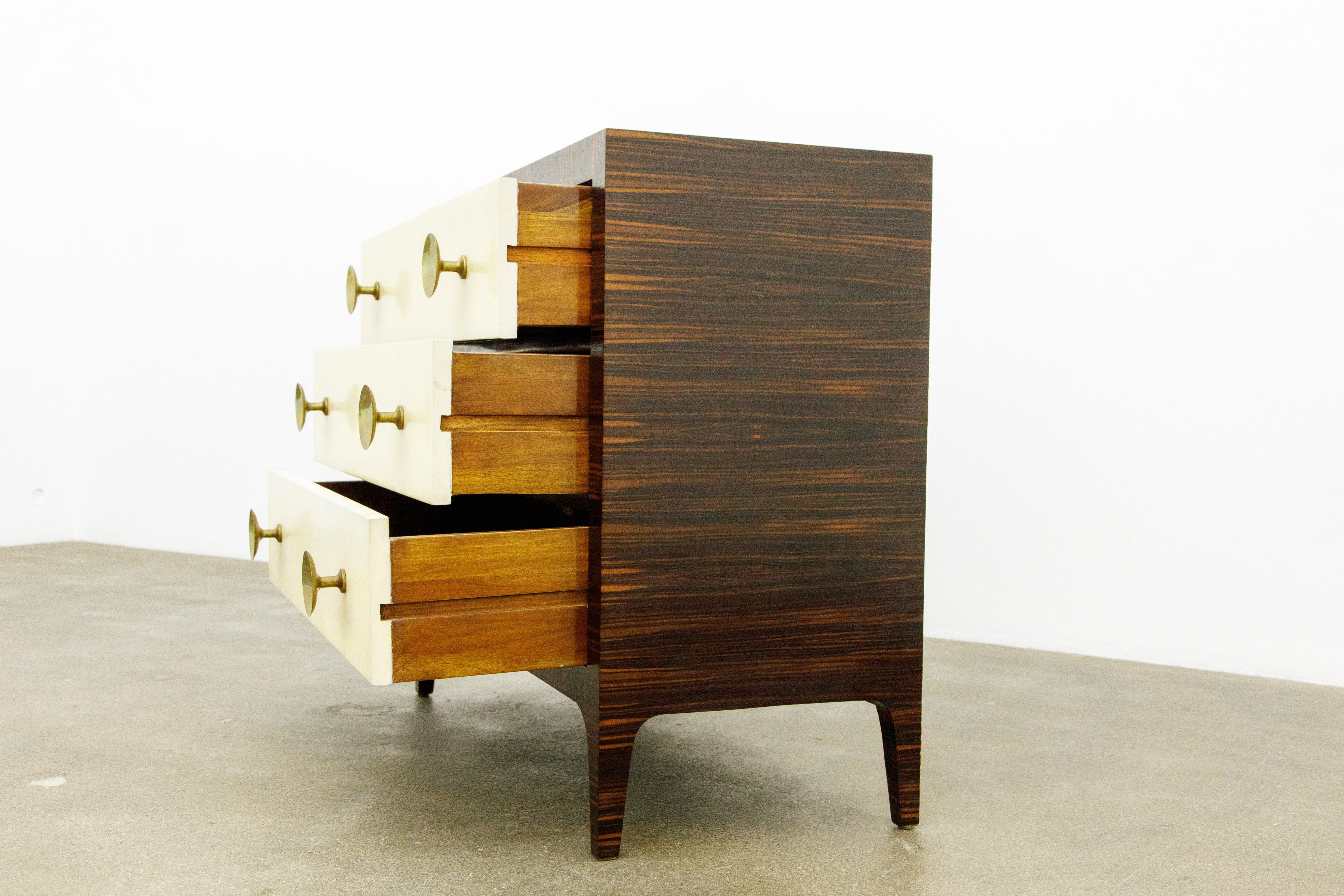 Macassar Ebony, Brass and Parchment Deco Styled Chest of Drawers, circa 1970s 8