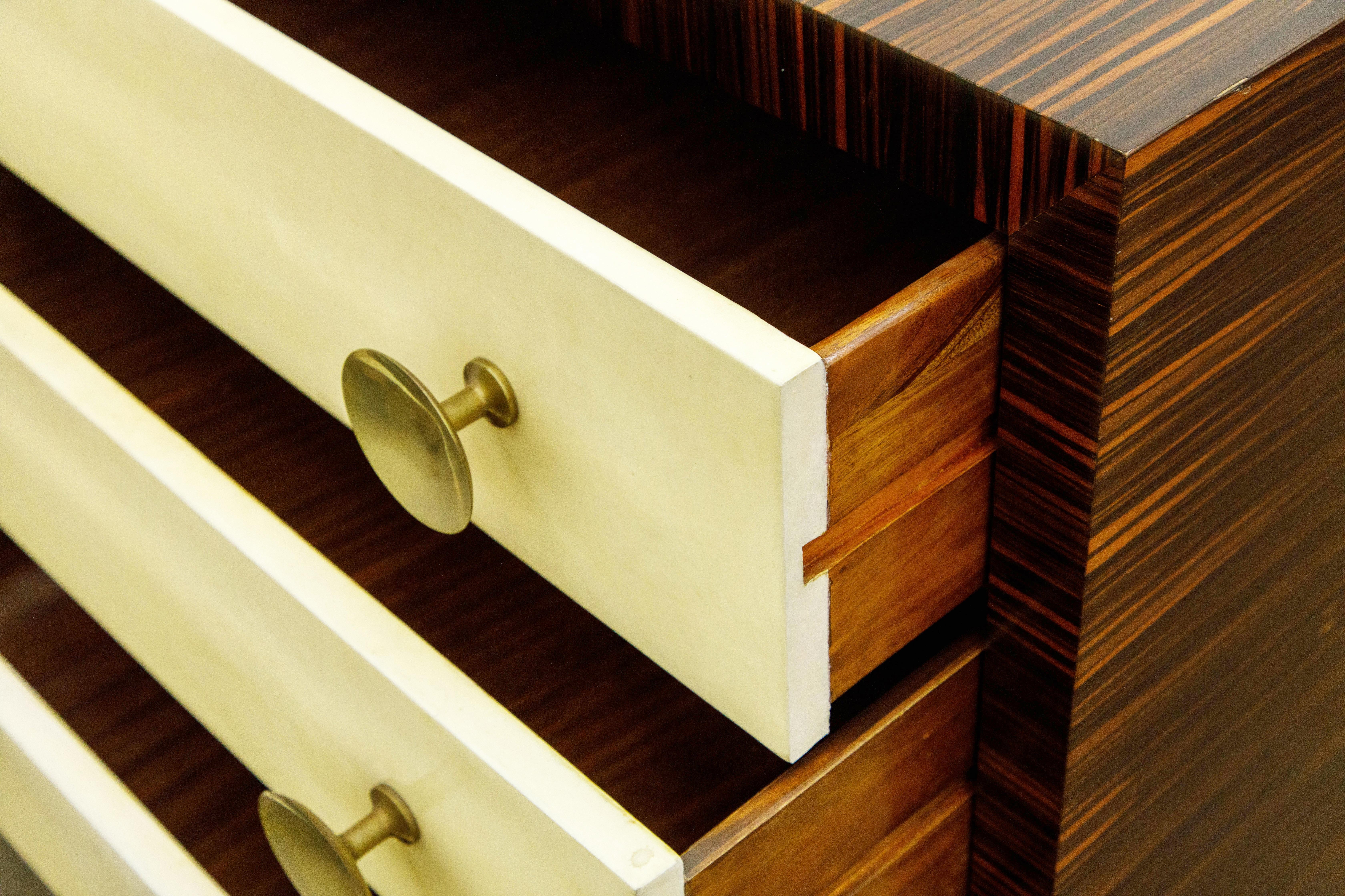 Macassar Ebony, Brass and Parchment Deco Styled Chest of Drawers, circa 1970s 9