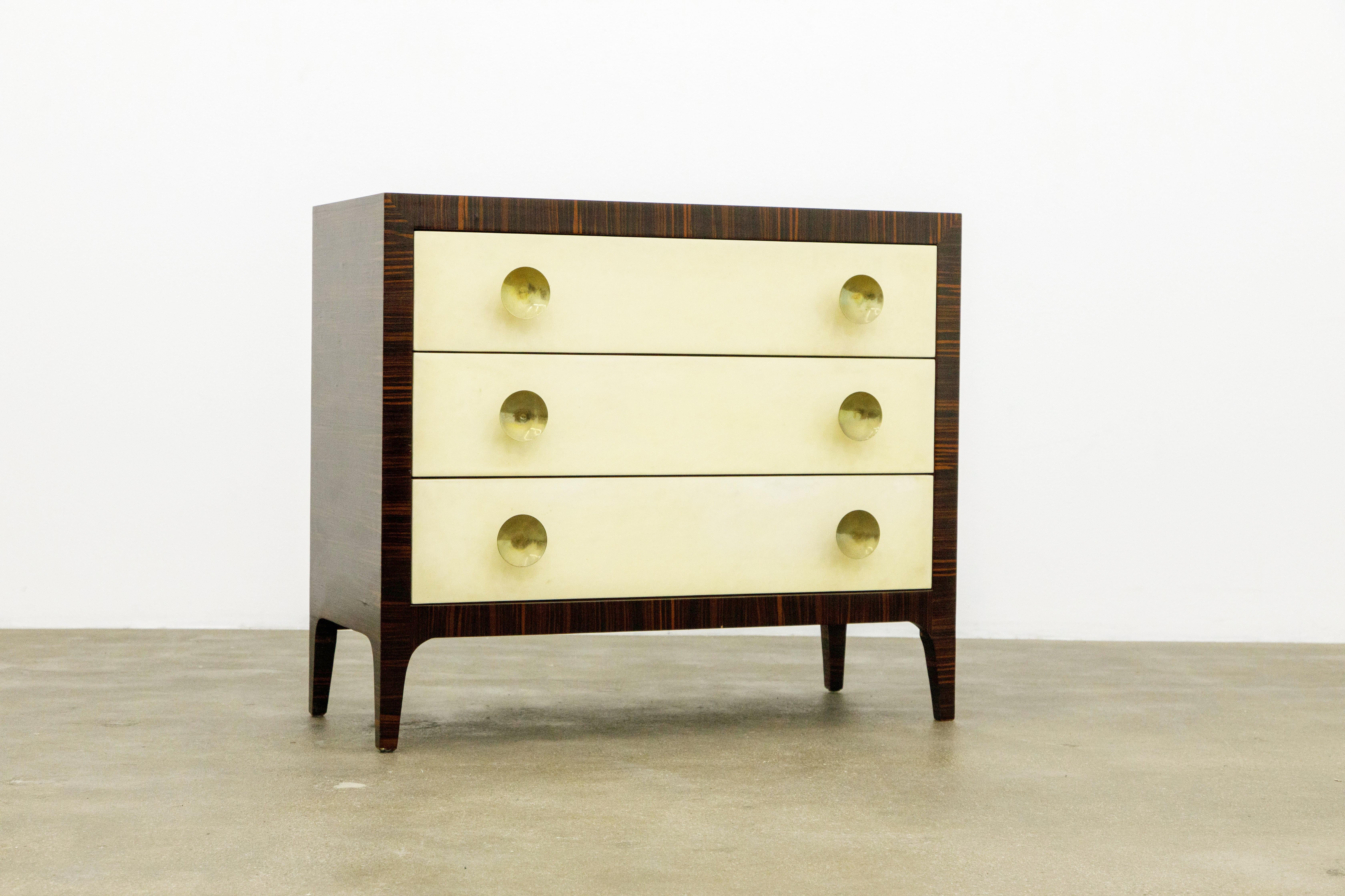 Art Deco Macassar Ebony, Brass and Parchment Deco Styled Chest of Drawers, circa 1970s