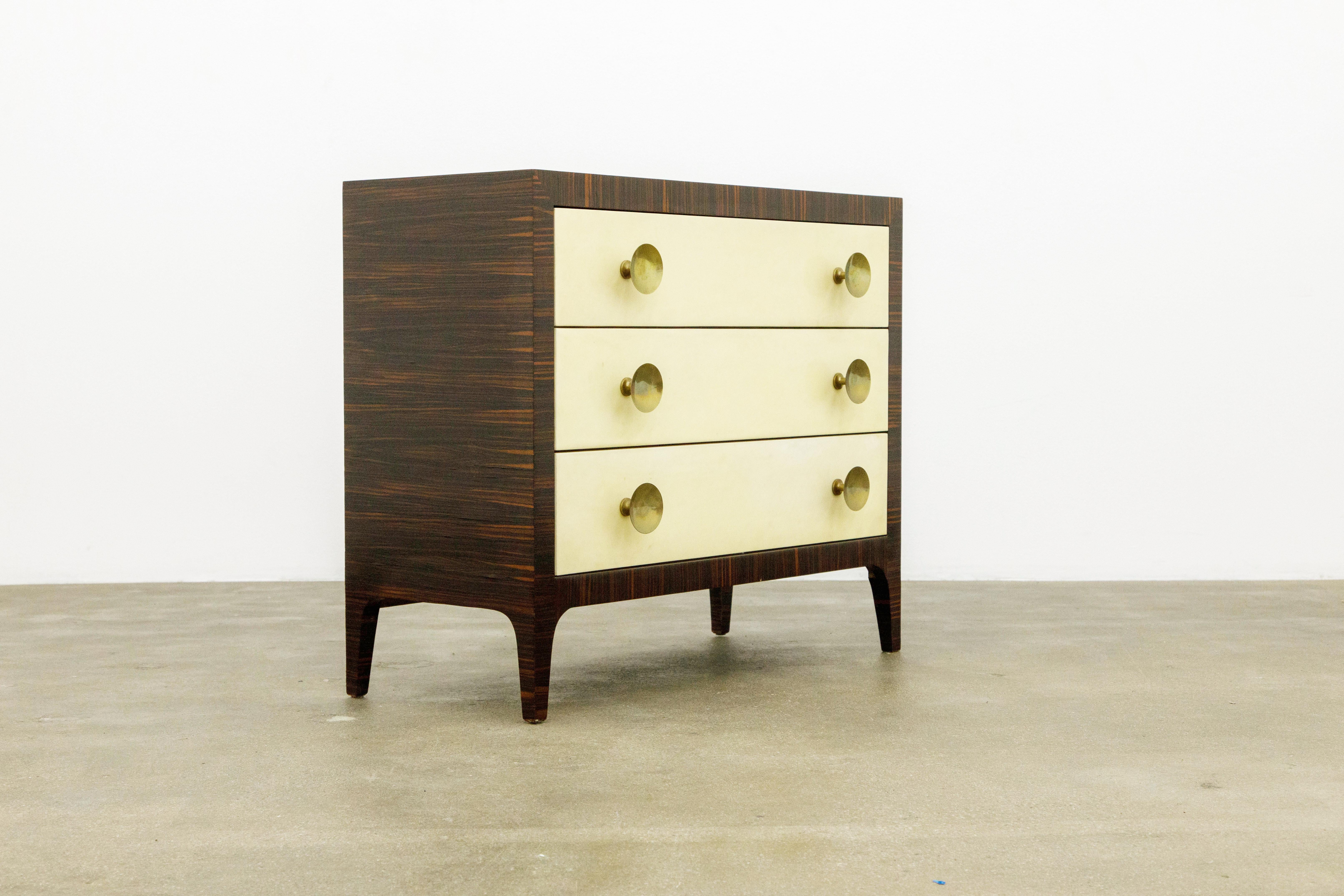 Unknown Macassar Ebony, Brass and Parchment Deco Styled Chest of Drawers, circa 1970s