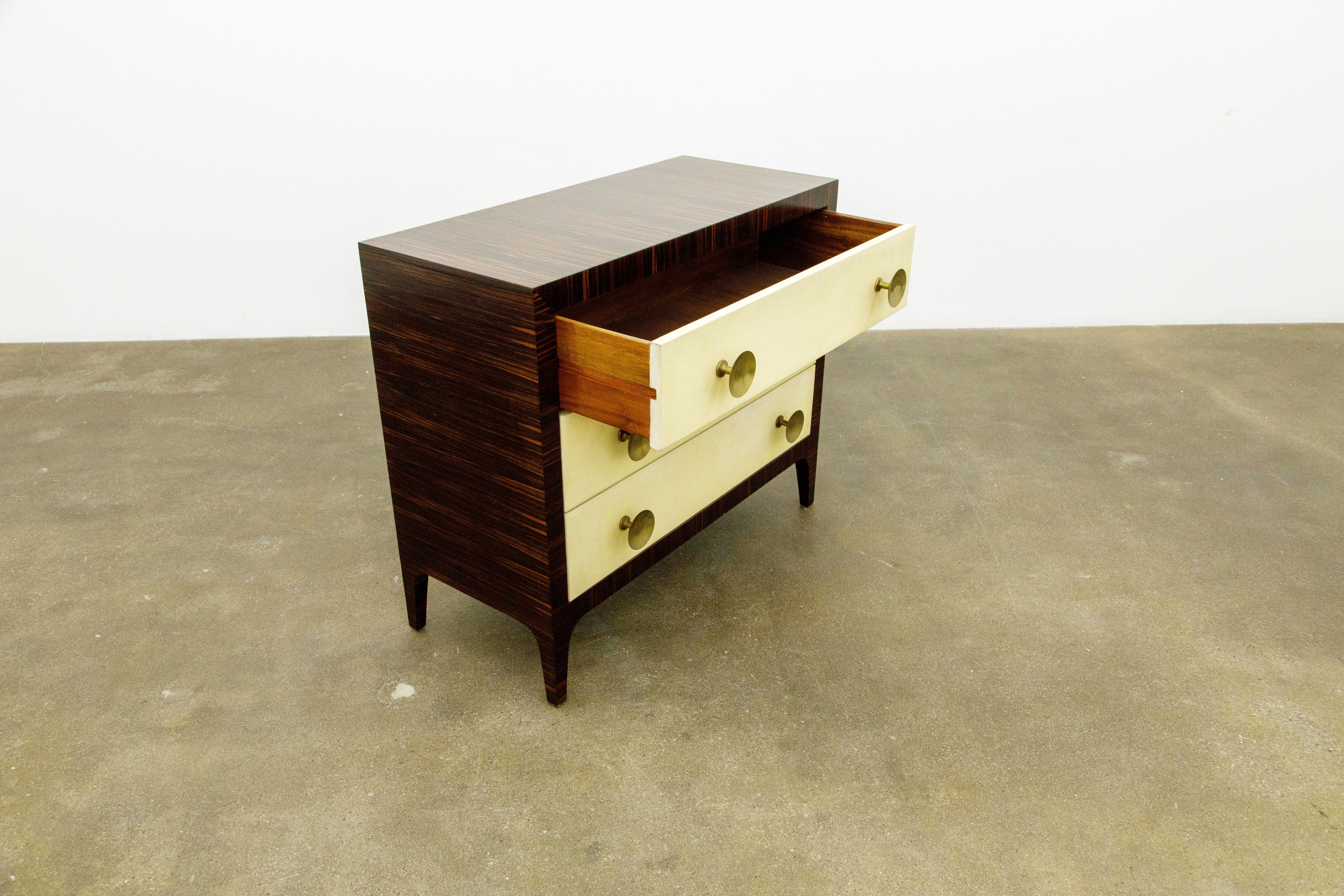 Lacquered Macassar Ebony, Brass and Parchment Deco Styled Chest of Drawers, circa 1970s
