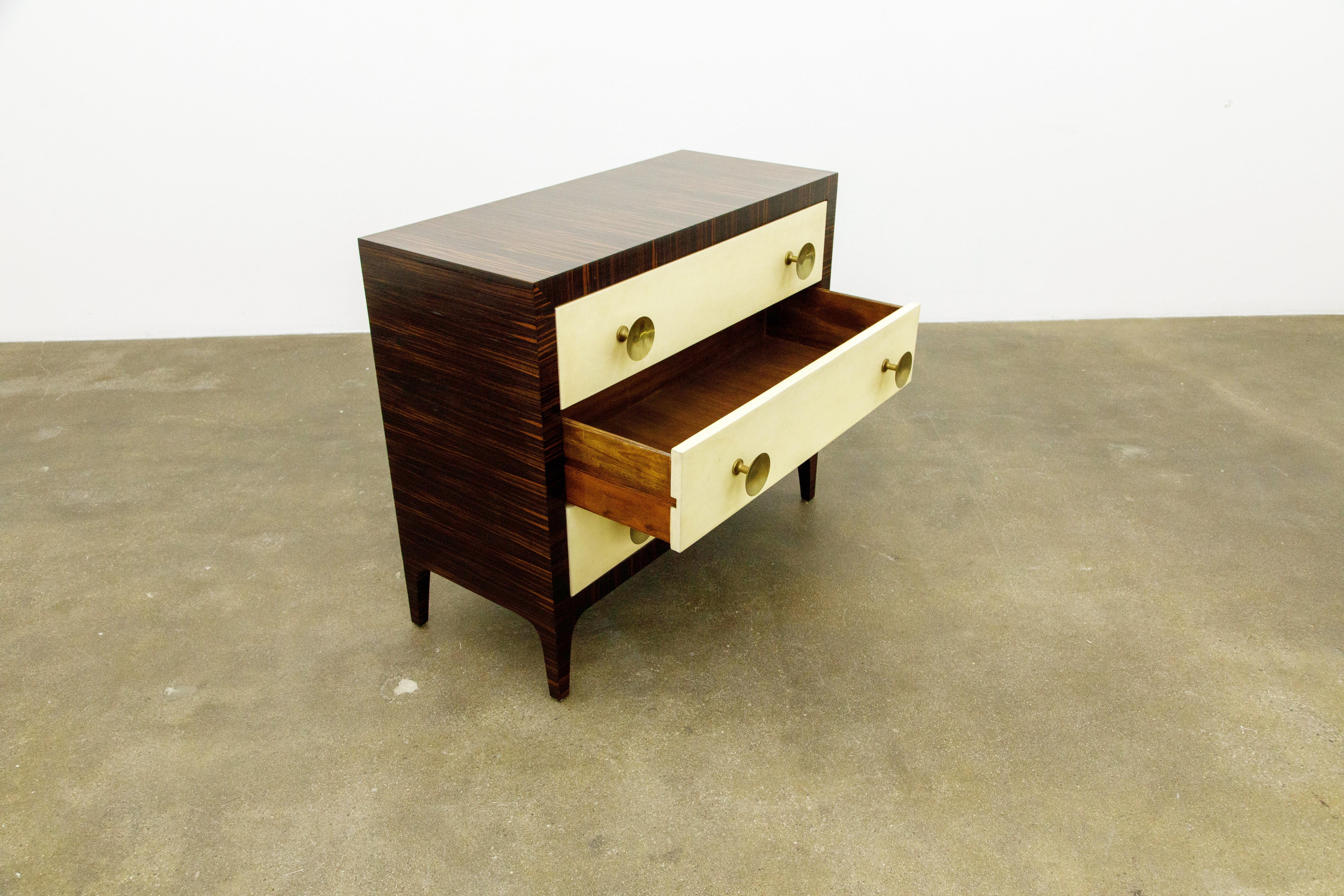 Macassar Ebony, Brass and Parchment Deco Styled Chest of Drawers, circa 1970s In Good Condition In Los Angeles, CA