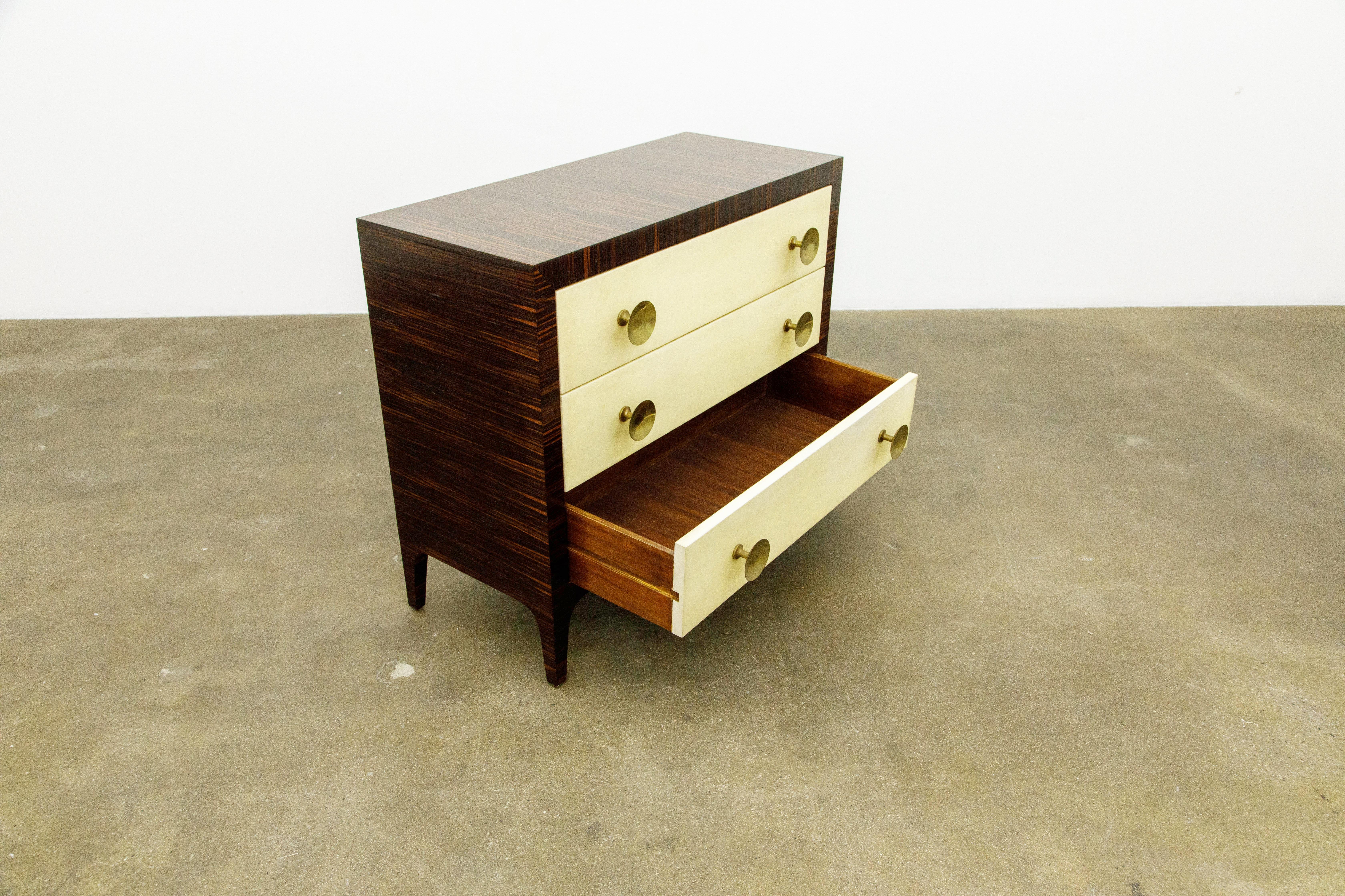 Late 20th Century Macassar Ebony, Brass and Parchment Deco Styled Chest of Drawers, circa 1970s