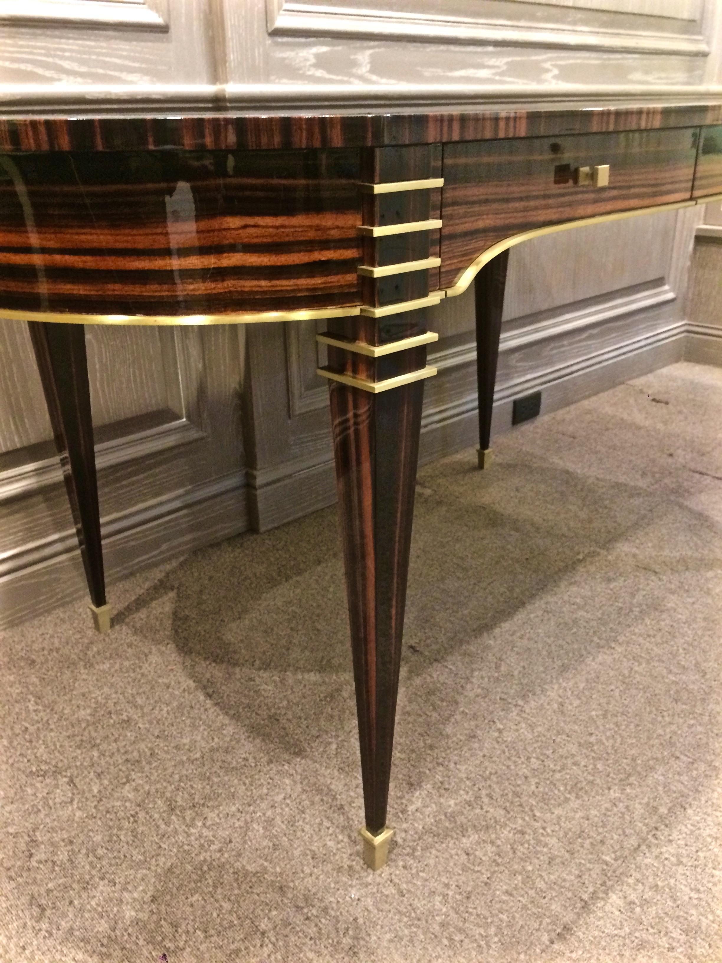 Mid-Century Modern Macassar Ebony Brass Inlaid Desk, Classic Modern Design, in Stock For Sale