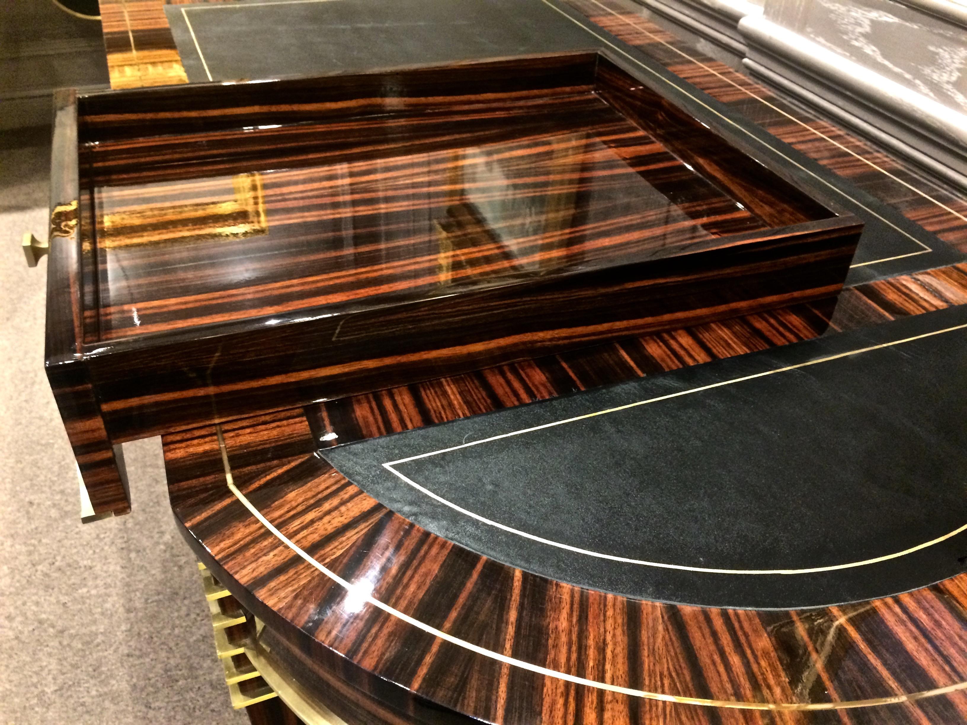 Macassar Ebony Brass Inlaid Desk, Classic Modern Design, in Stock In New Condition For Sale In Las Vegas, NV