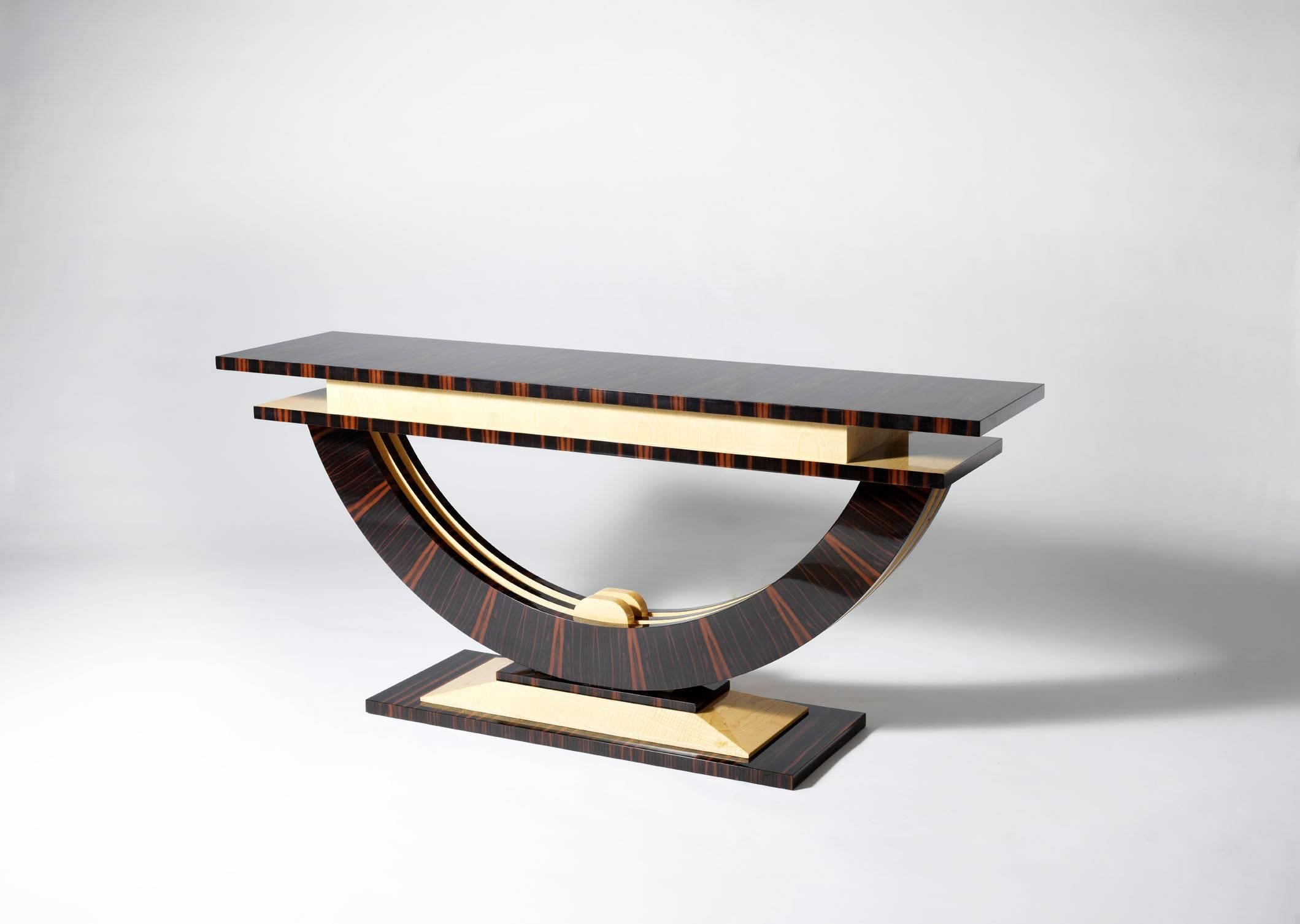 Brushed Macassar Ebony Console in Art Deco Style, Handmade in Italy by Master Artisans For Sale