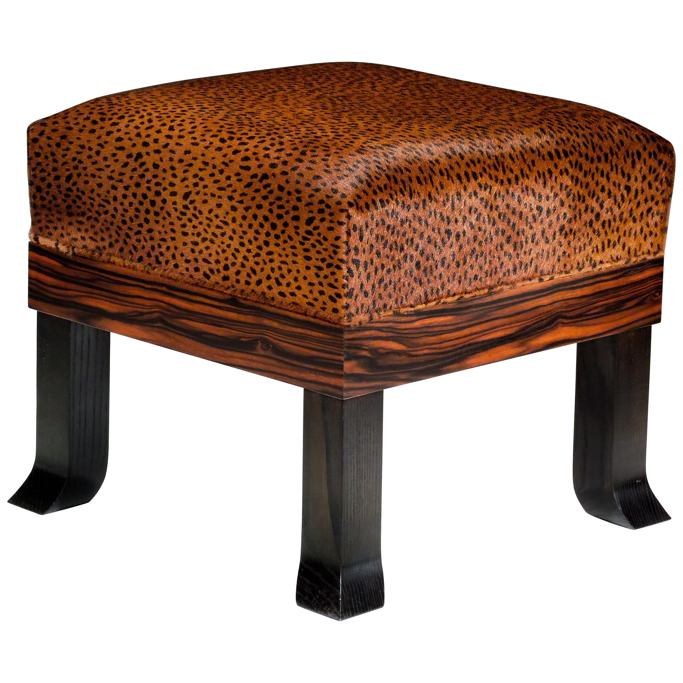 Macassar Ebony Short Stop Ottoman with Leopard Print Upholstery For Sale