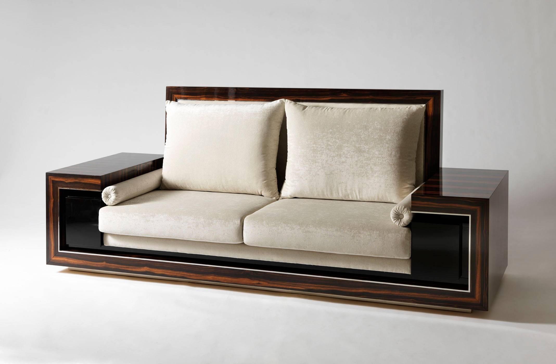 Brushed Macassar Ebony Wood Sofa in Art Deco Style, Handmade in Italy by Master Artisans For Sale