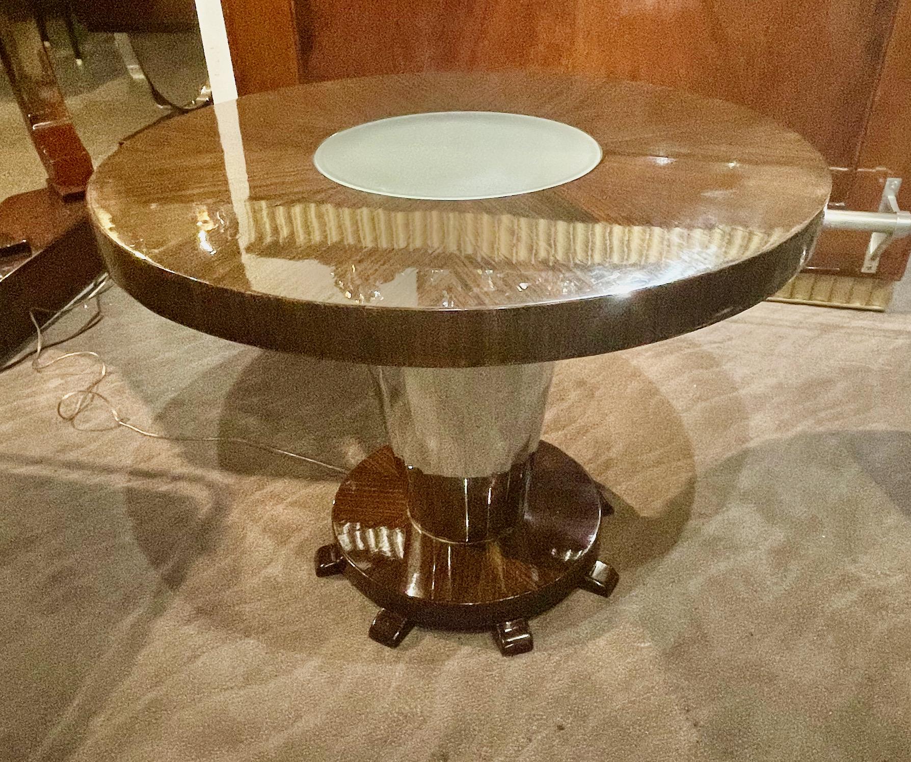 French Macassar Round Art Deco Coffee Side Table with Center Light