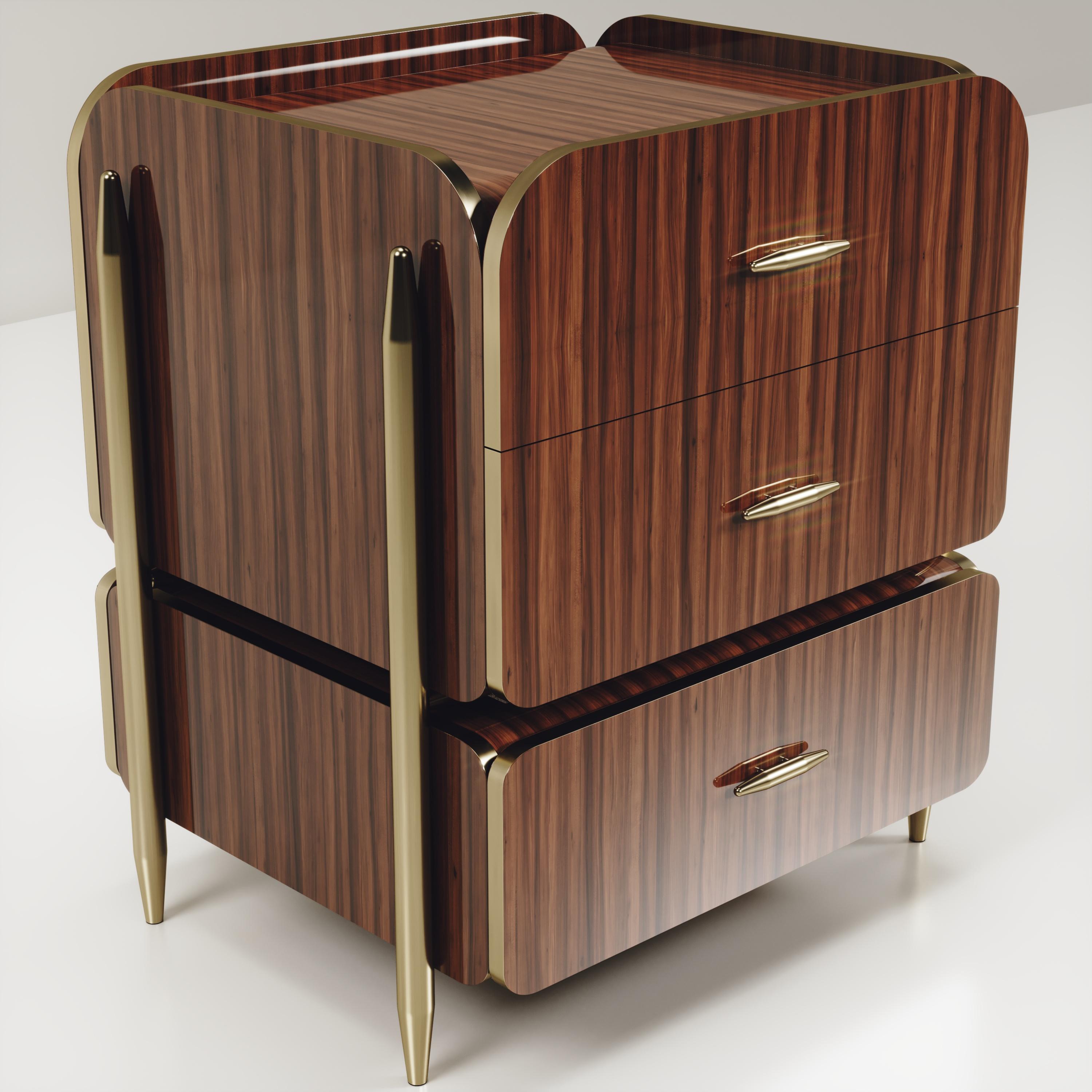 Art Deco Macassar Wood Night Stand with Brass Accents by Kifu Paris For Sale