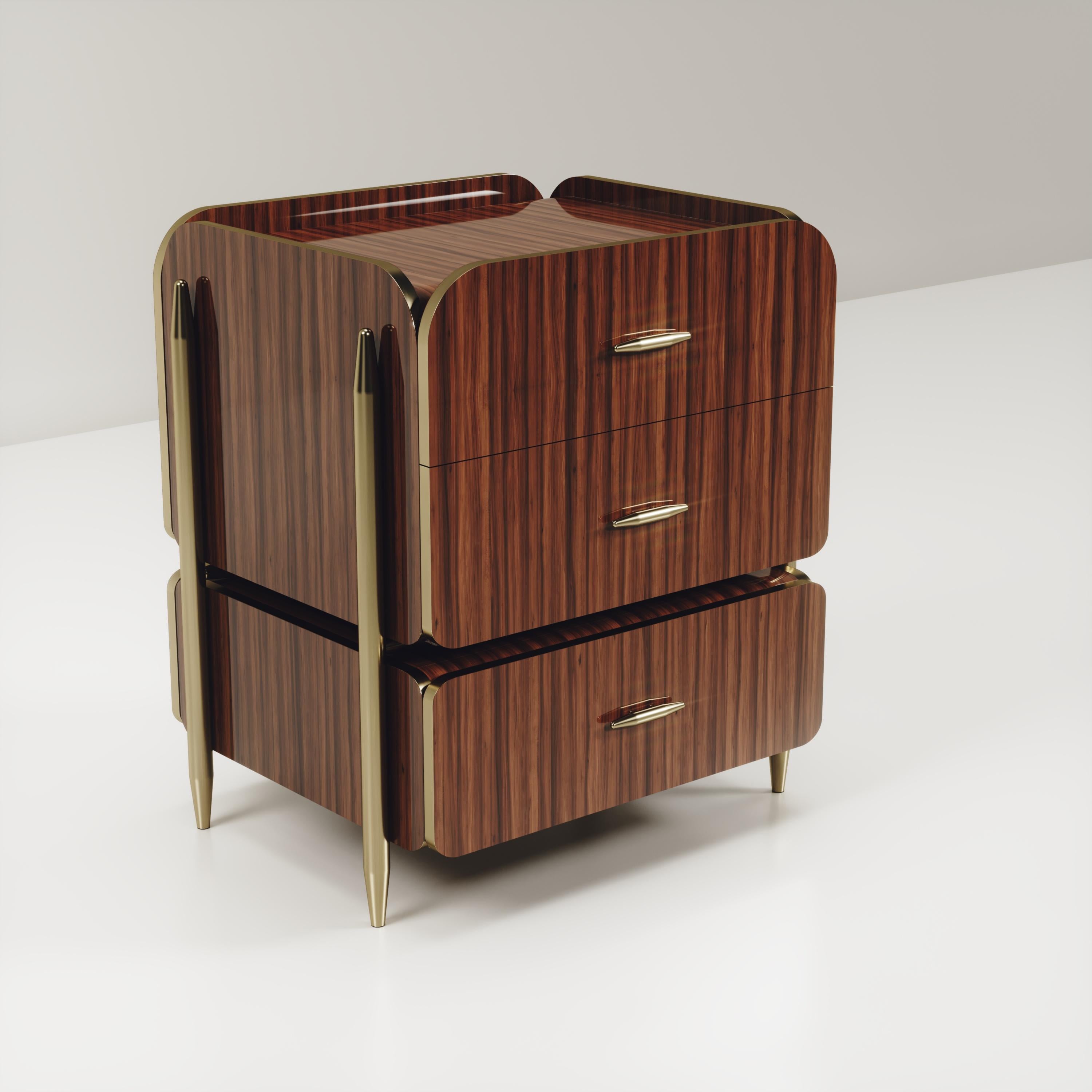 Hand-Crafted Macassar Wood Night Stand with Brass Accents by Kifu Paris For Sale