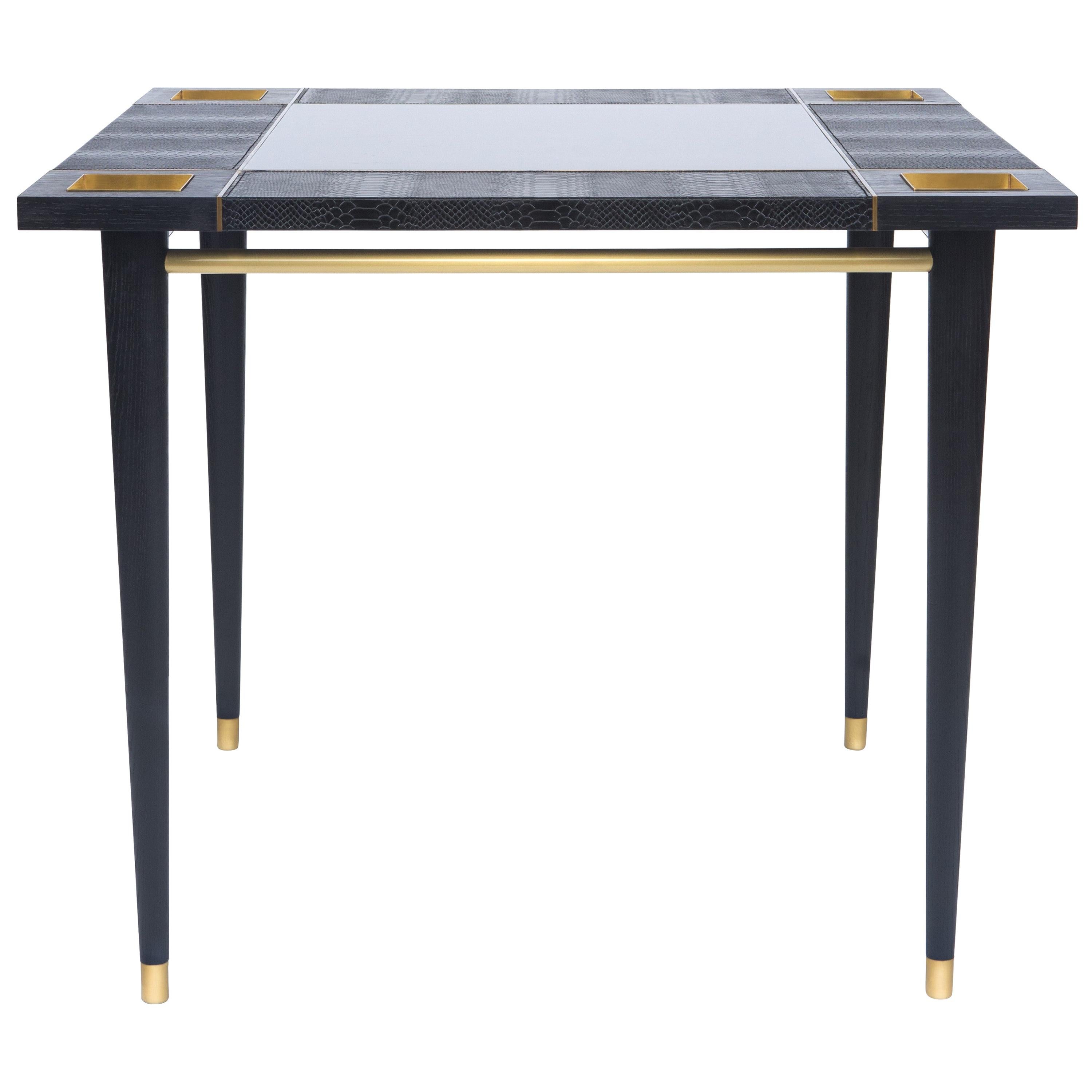 Macau Game Table in oak wood, lacquered wood, brass and leather  For Sale
