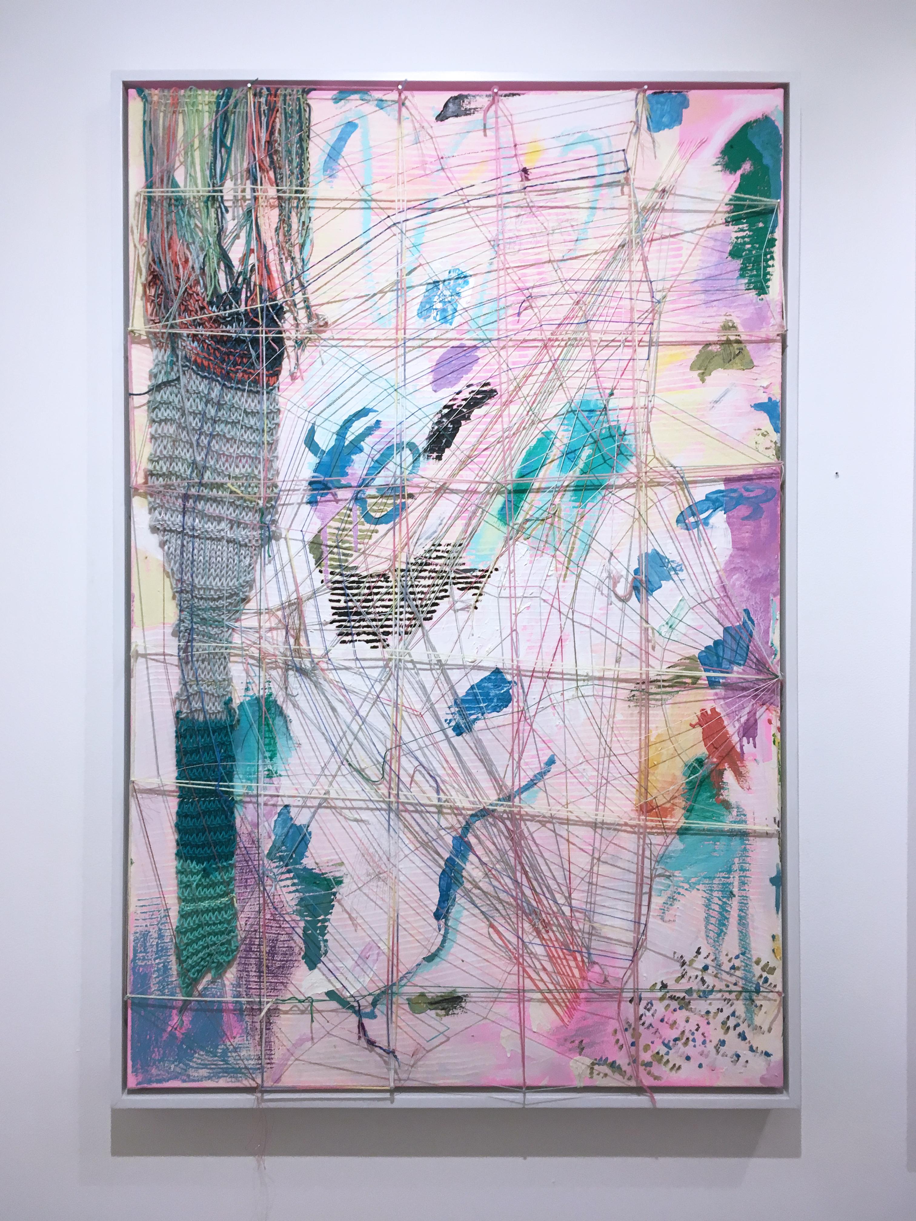 Half Web in Pink, 2020, Acryl, Öl, Leinwand, Garn, Faden, Rosa, abstrakt (Zeitgenössisch), Mixed Media Art, von Macauley Norman