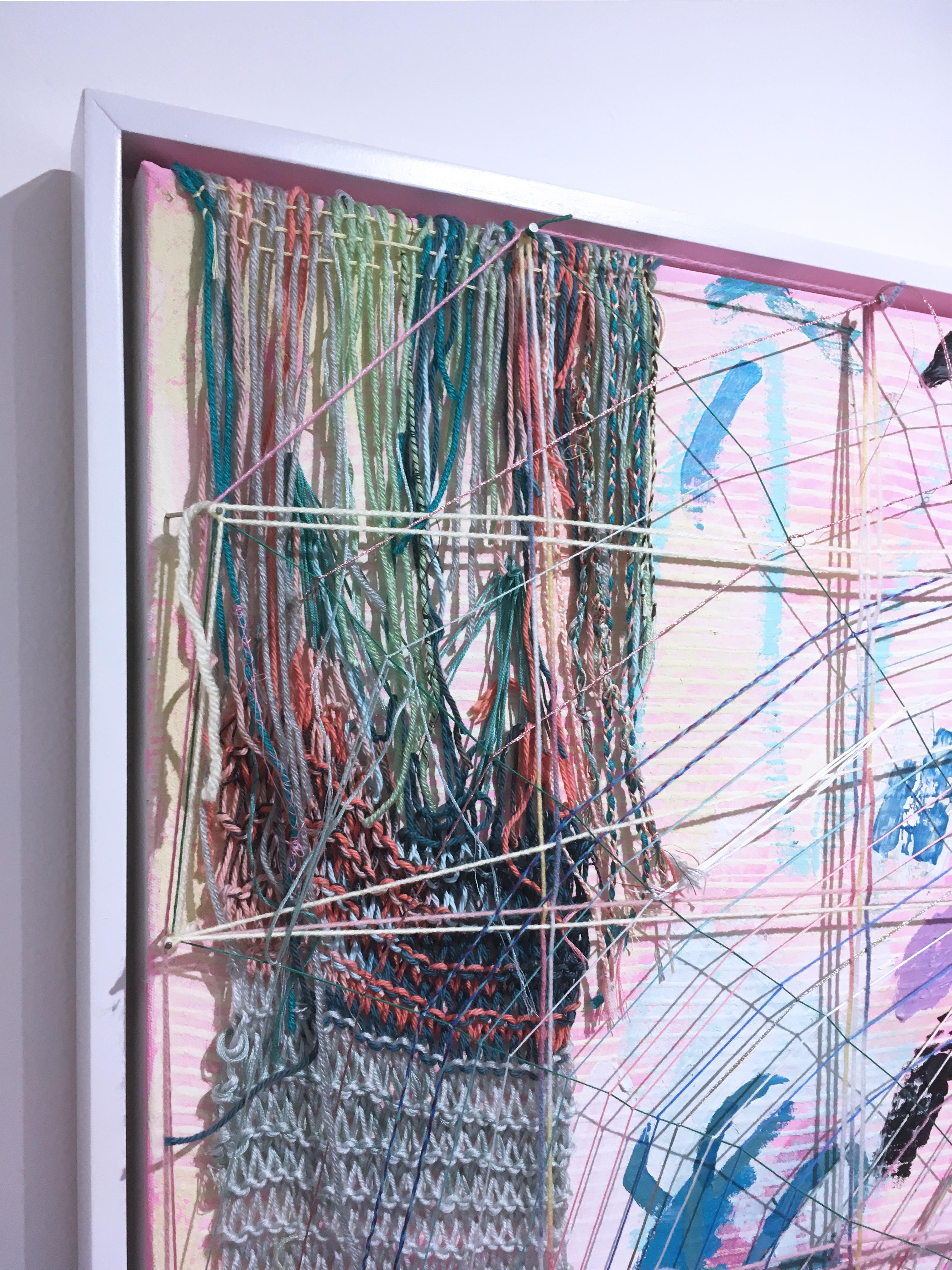 Half Web in Pink, 2020, acrylic, oil, graphite, pastel, thread, nails and yarn on canvas.  Pink, green, blue, abstract. Custom framed in a white wooden float frame.  Gorgeous medium to large scale abstract painting with beautiful composition and