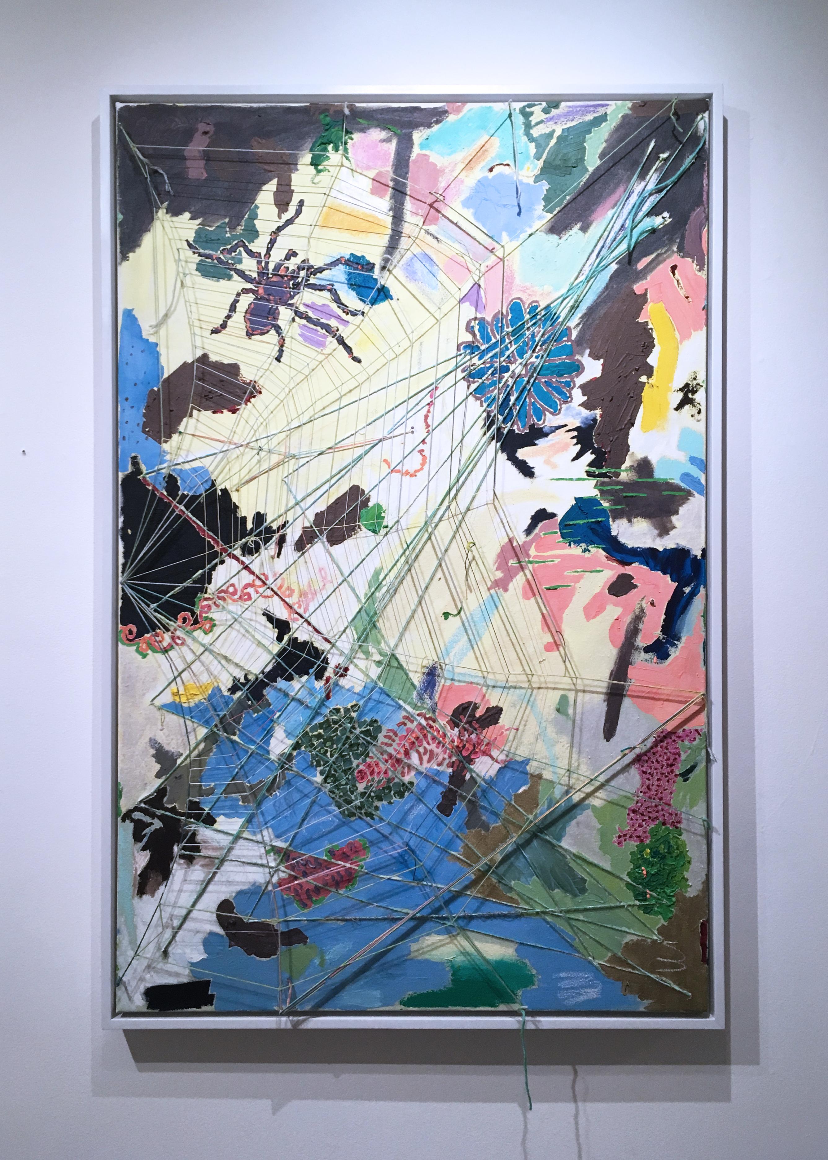 Half Web in Yellow, 2020, acrylique, huile, toile, fil, bleu, abstrait - Painting de Macauley Norman