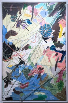 Media telaraña en amarillo, 2020, acrílico, óleo, lienzo, hilo, azul, abstracto