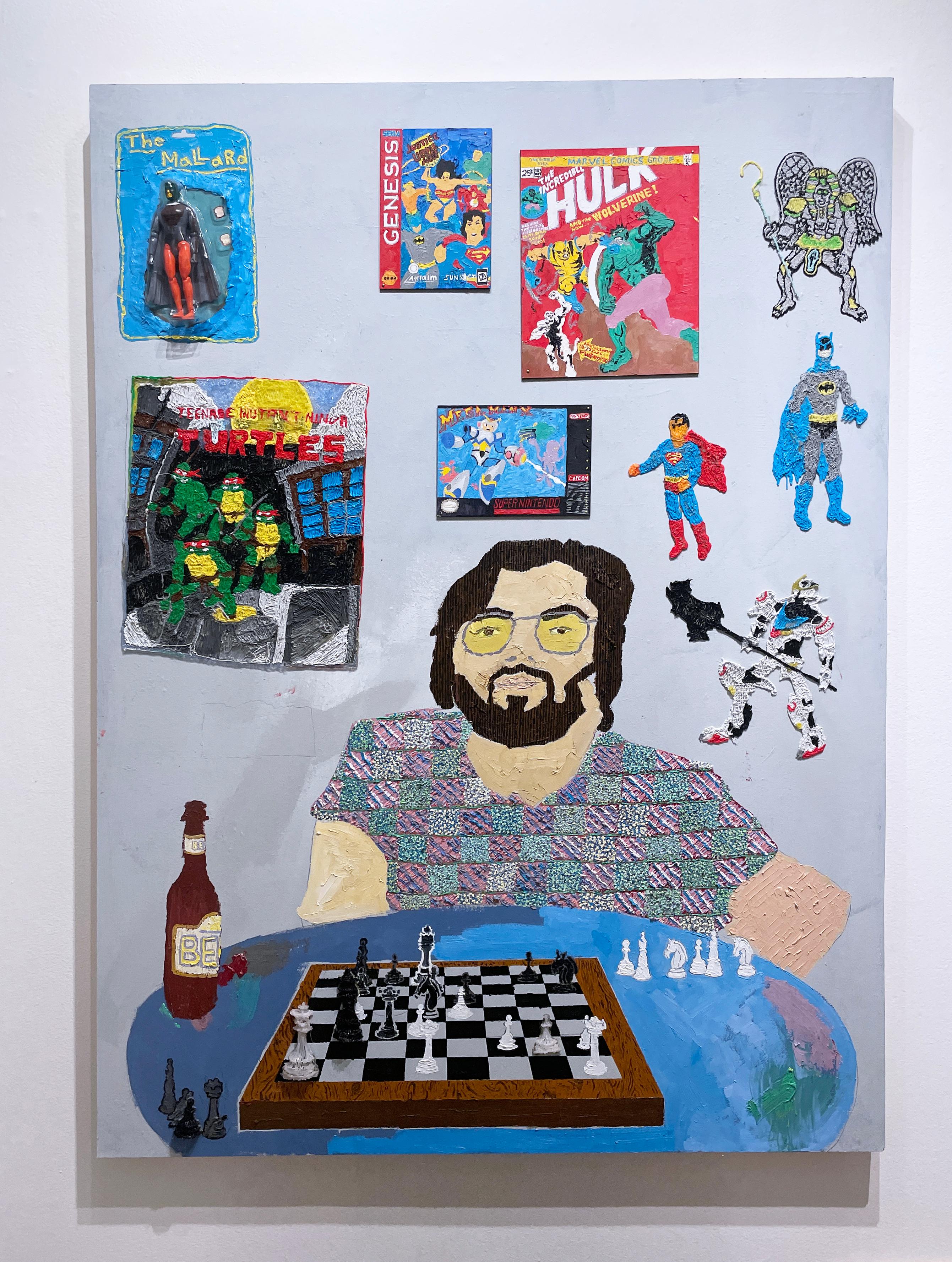 Chess with a Comic Collector - Painting by Macauley Norman