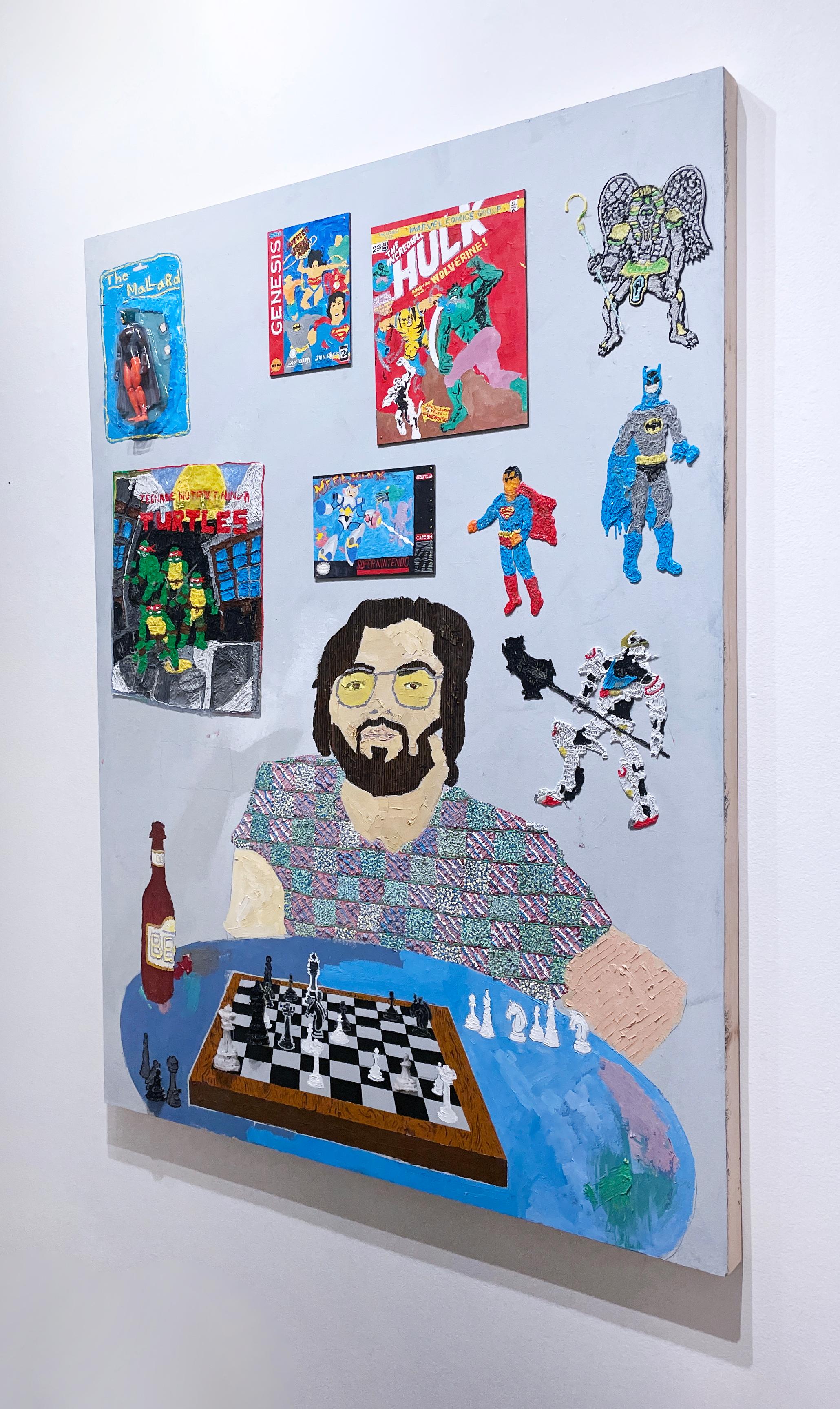 Chess avec un collectionneur de bandes dessinées - Gris Still-Life Painting par Macauley Norman
