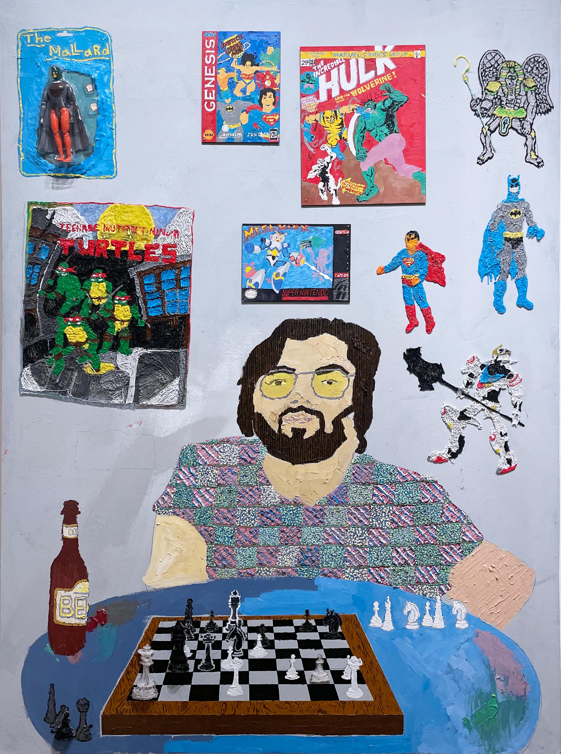 Still-Life Painting Macauley Norman - Chess avec un collectionneur de bandes dessinées