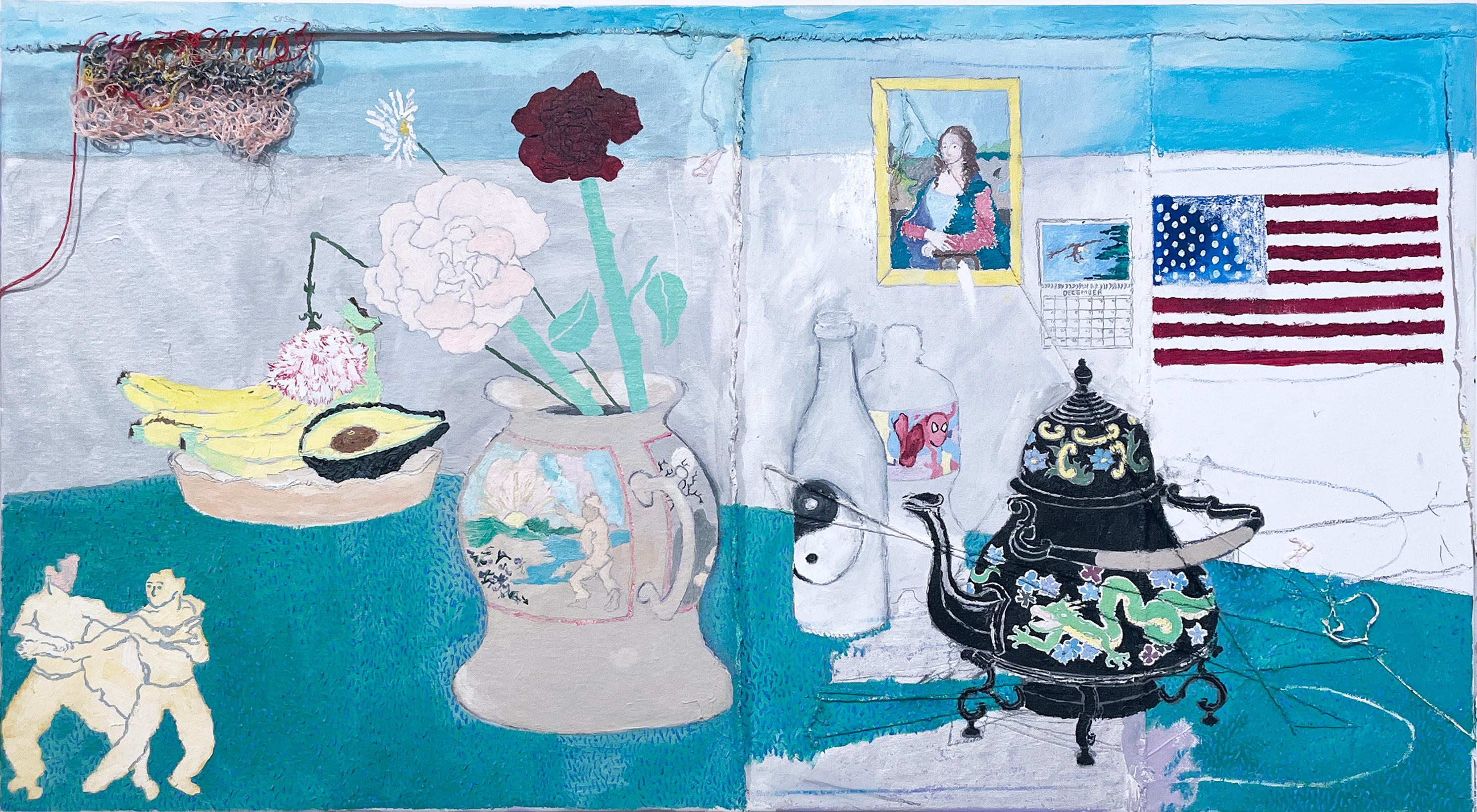 Macauley Norman Figurative Painting - Still Life with Teapot, Flowers and Flag