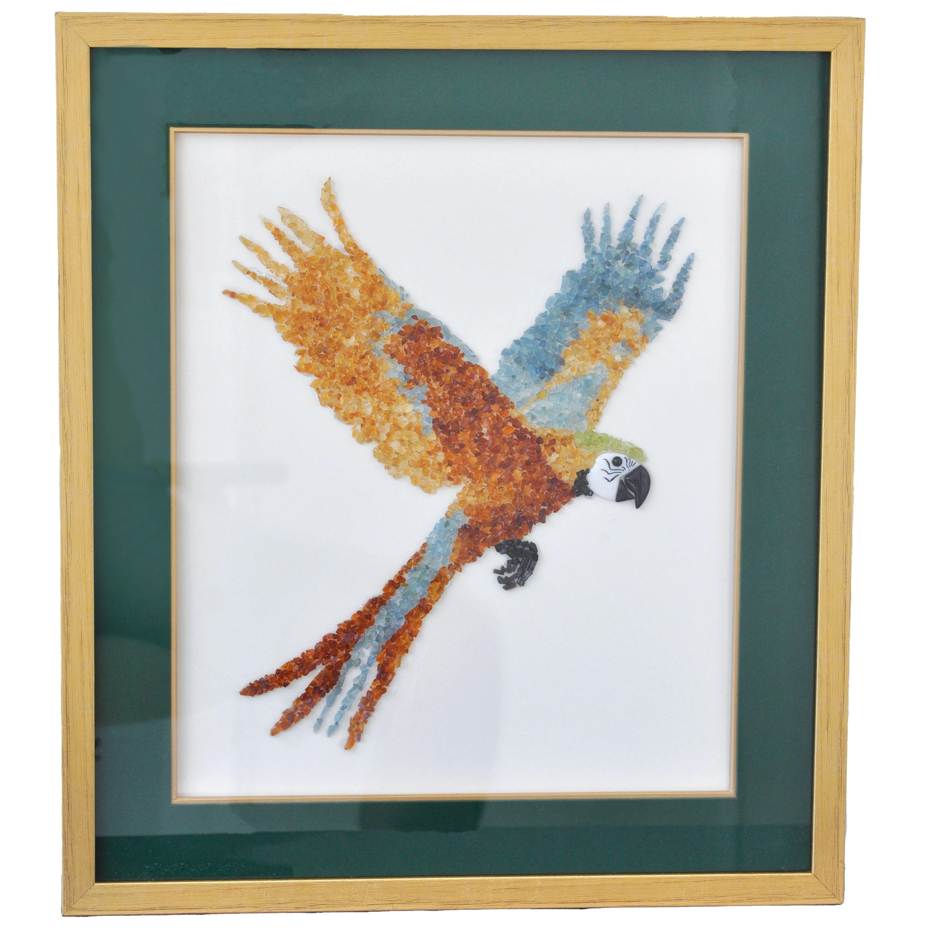 Pájaro guacamayo Aguamarina Citrino Peridoto Turmalina Perla Piedra preciosa Pintura mural. 

Este cuadro con gemas de pájaro guacamayo es una asombrosa fusión de color, textura y gemas naturales, que da vida al brillo del pájaro con notable