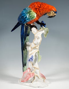 Macaw On A Trunk, Large Porcelain Animal Figure, By Rosenthal, Germany, Mid 20th