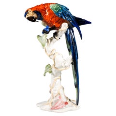 Macaw On A Trunk, Large Porcelain Animal Figure, By Rosenthal, Germany, Mid 20th