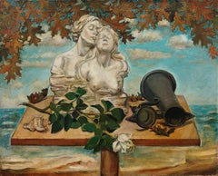"Ohne Titel" Macena Barton, Amerikanerin, Surrealistisches Stillleben, Meereslandschaft, Herbstlich