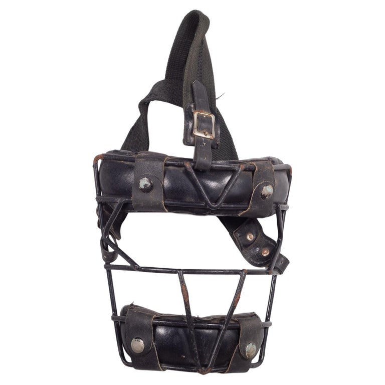 Ancien masque visage attrape baseball cuir rembourrage cage métal