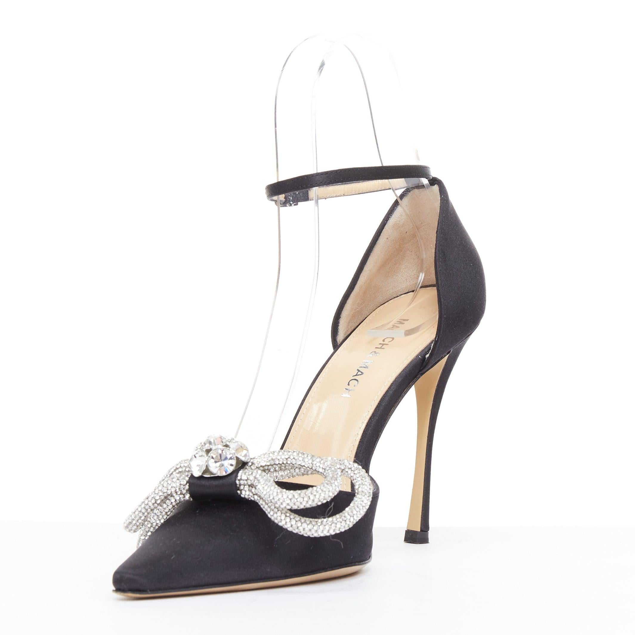 MACH AND MACH Double Bow black satin crystal ribbon pump heels EU37 In Excellent Condition In Hong Kong, NT
