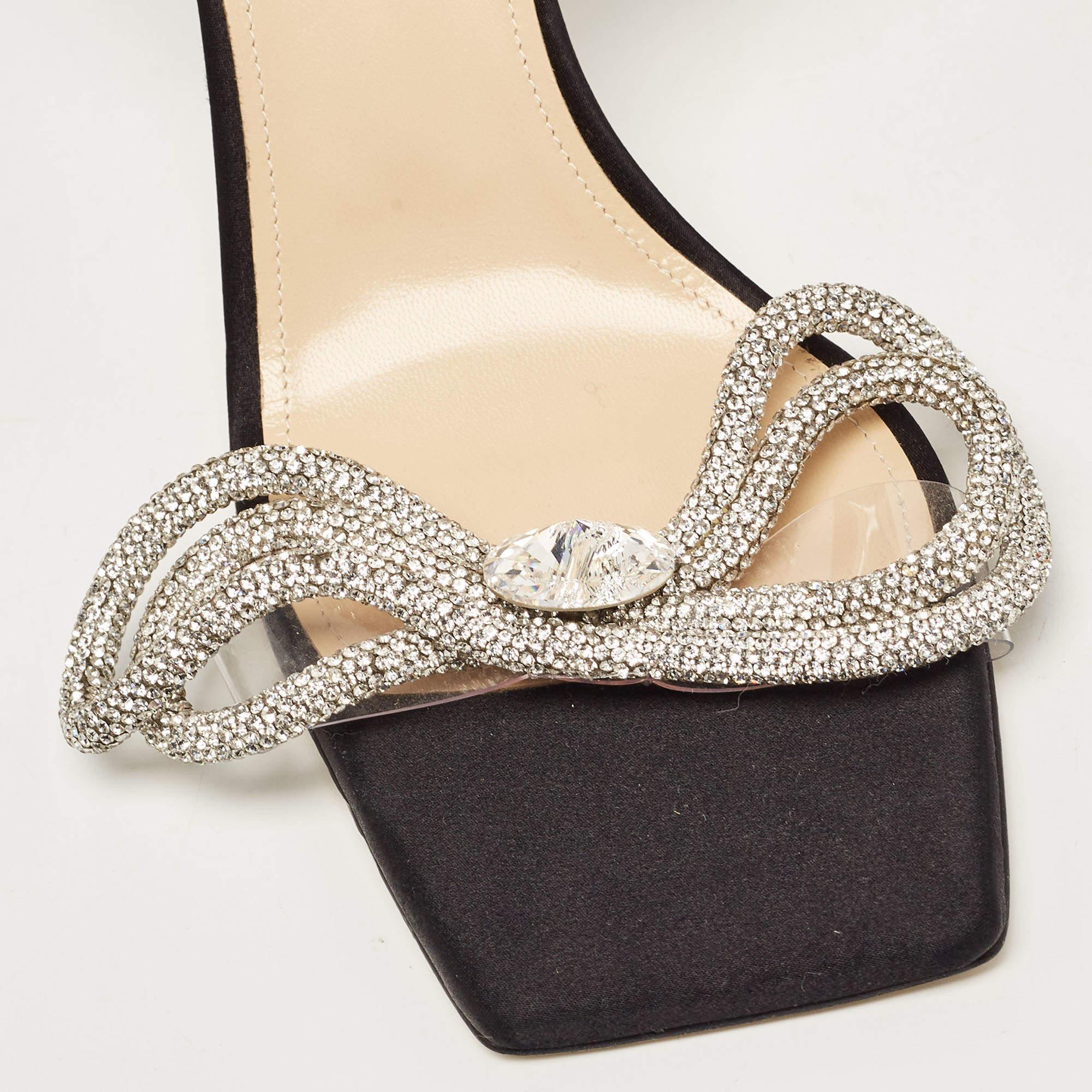 Beige Mach & Mach Black Satin Crystal Embellished Double Bow Ankle Wrap Sandals 