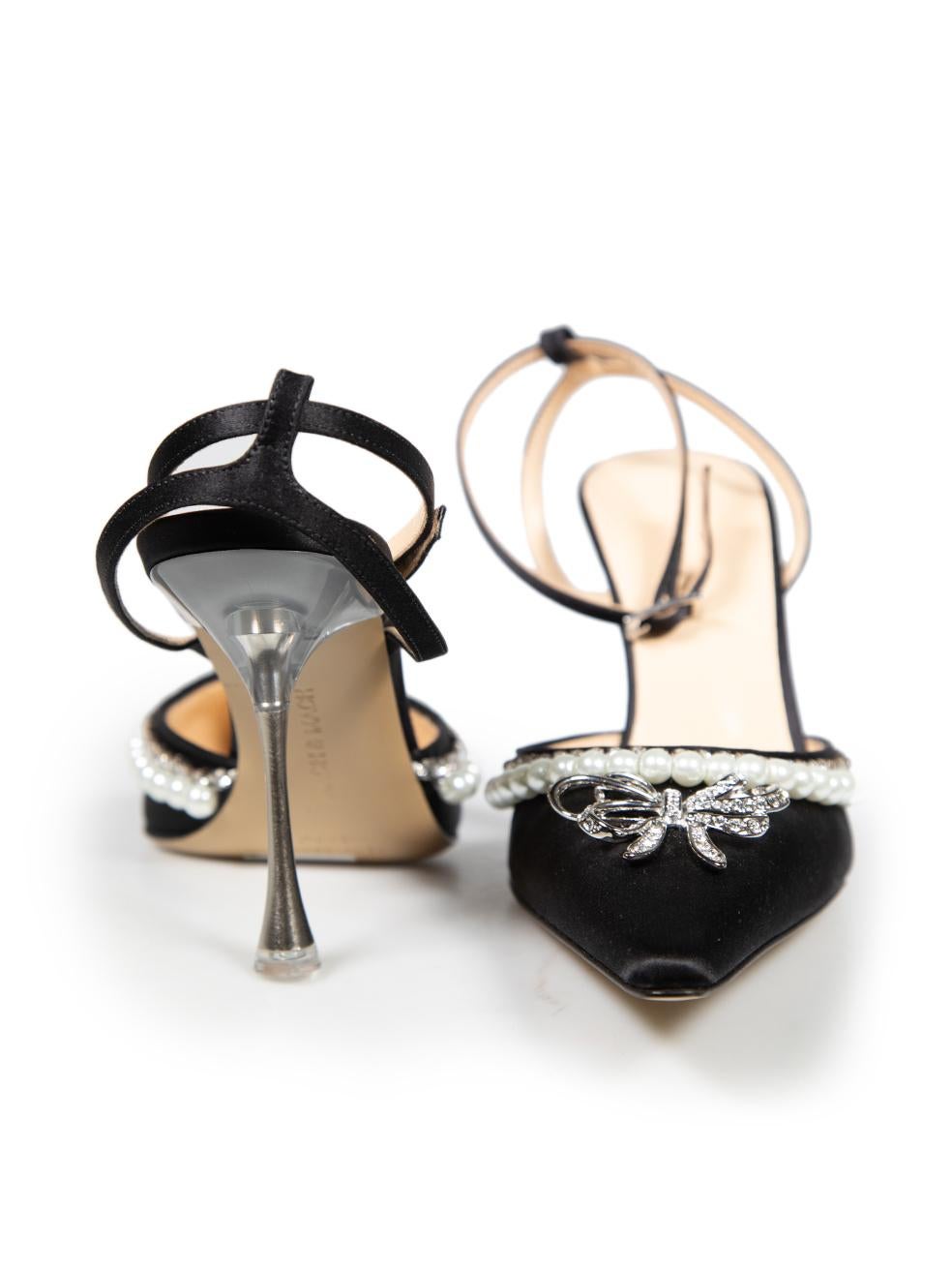 Mach & Mach Black Satin Sophie Crystal Bow Heels Size IT 38.5 In New Condition For Sale In London, GB