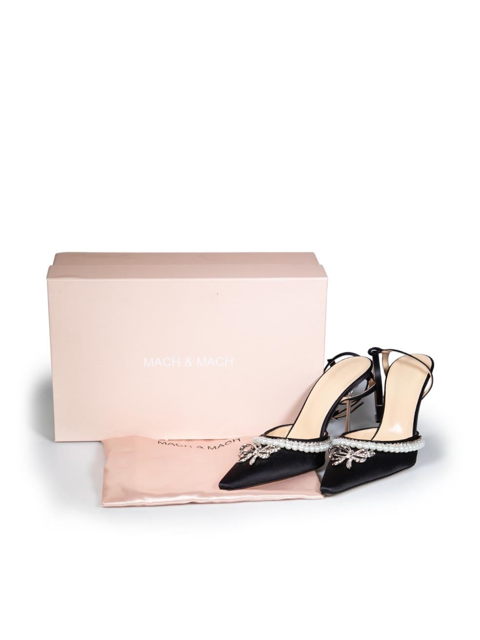 Mach & Mach Black Satin Sophie Crystal Bow Heels Size IT 38.5 For Sale 2