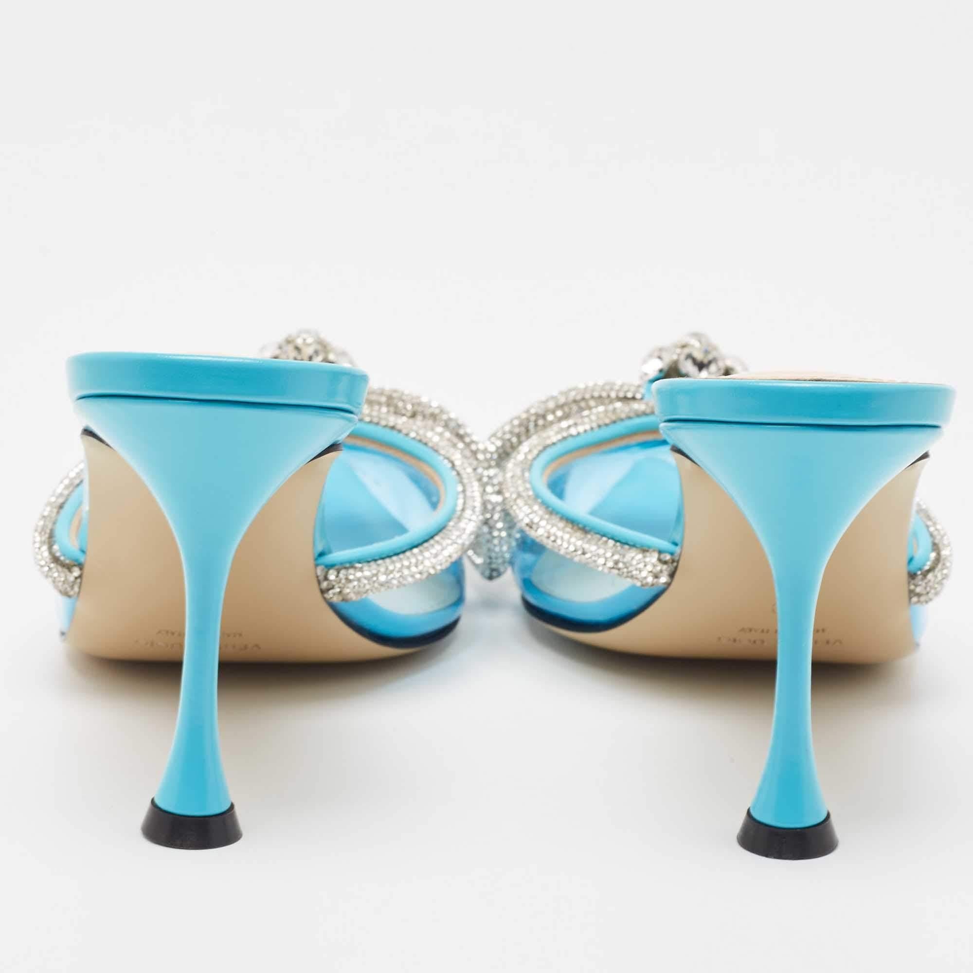 Mach & Mach Blue PVC Crystal Embellished Double Bow Mules Size 39 In Excellent Condition For Sale In Dubai, Al Qouz 2