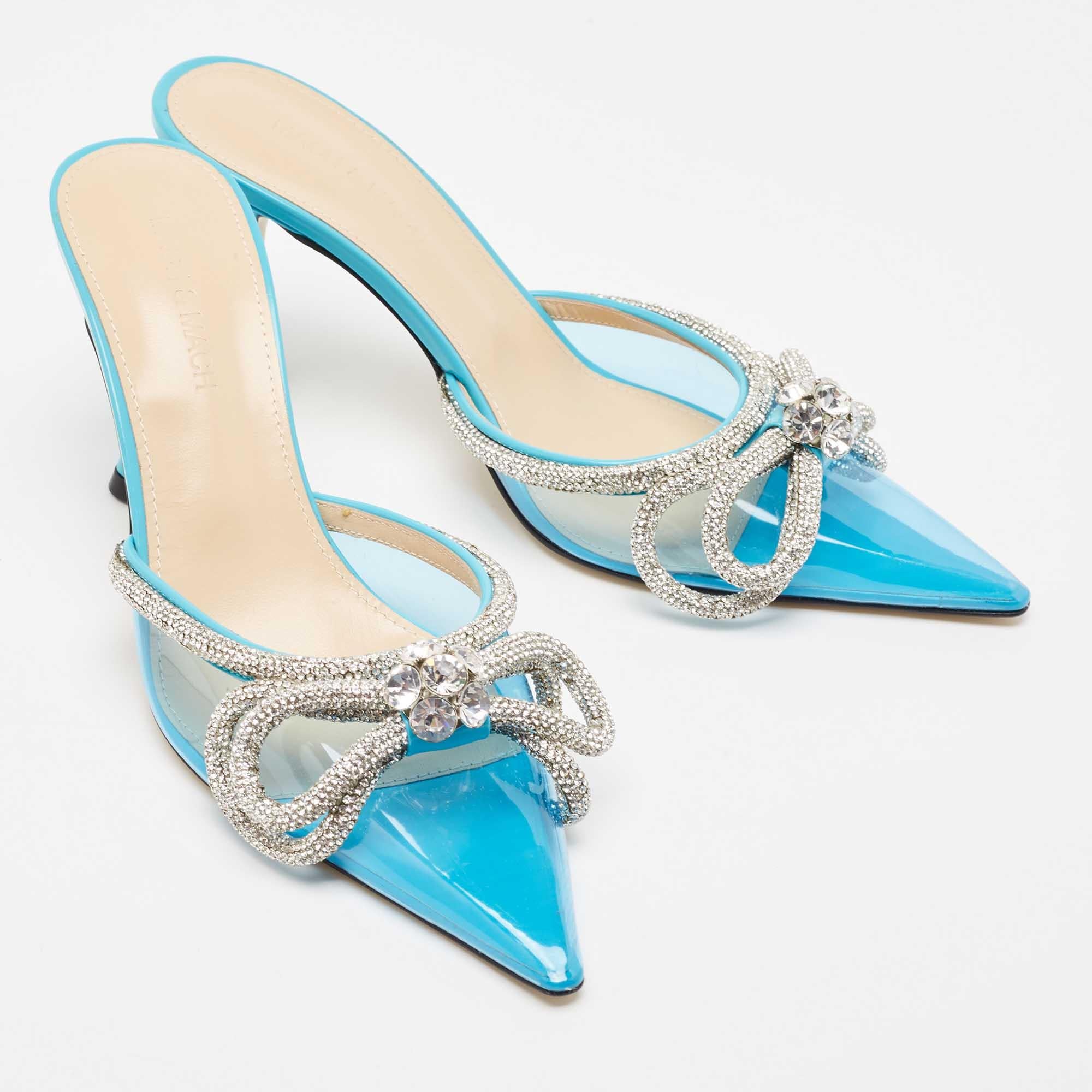 Mach & Mach Azul PVC Cristal Embellished Double Bow Mules Talla 39 en Nuevo estado para la venta en Dubai, Al Qouz 2