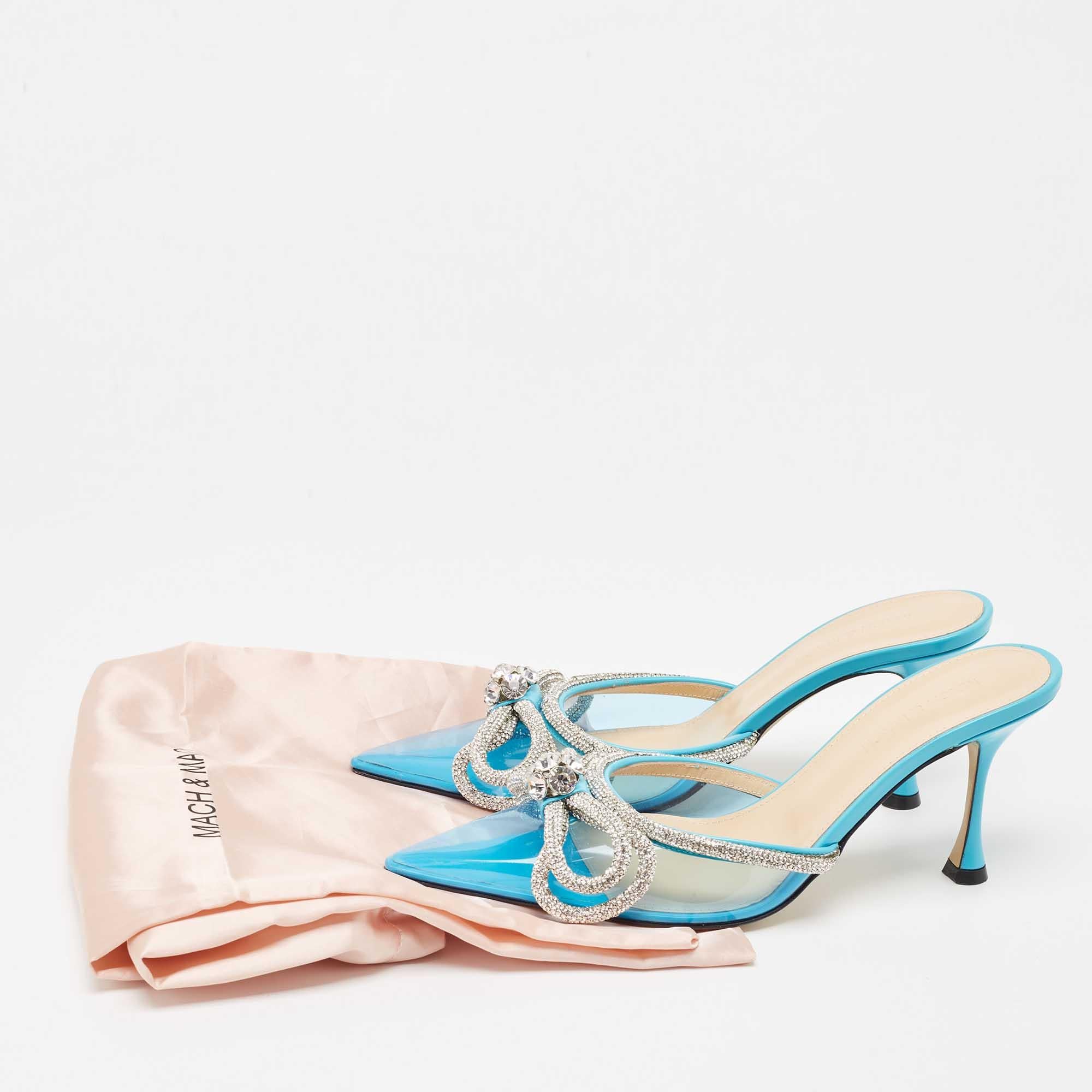 Mach & Mach Azul PVC Cristal Embellished Double Bow Mules Talla 39 en venta 5