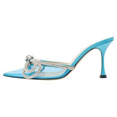 Mach & Mach Blue PVC Crystal Embellished Double Bow Mules Size 39