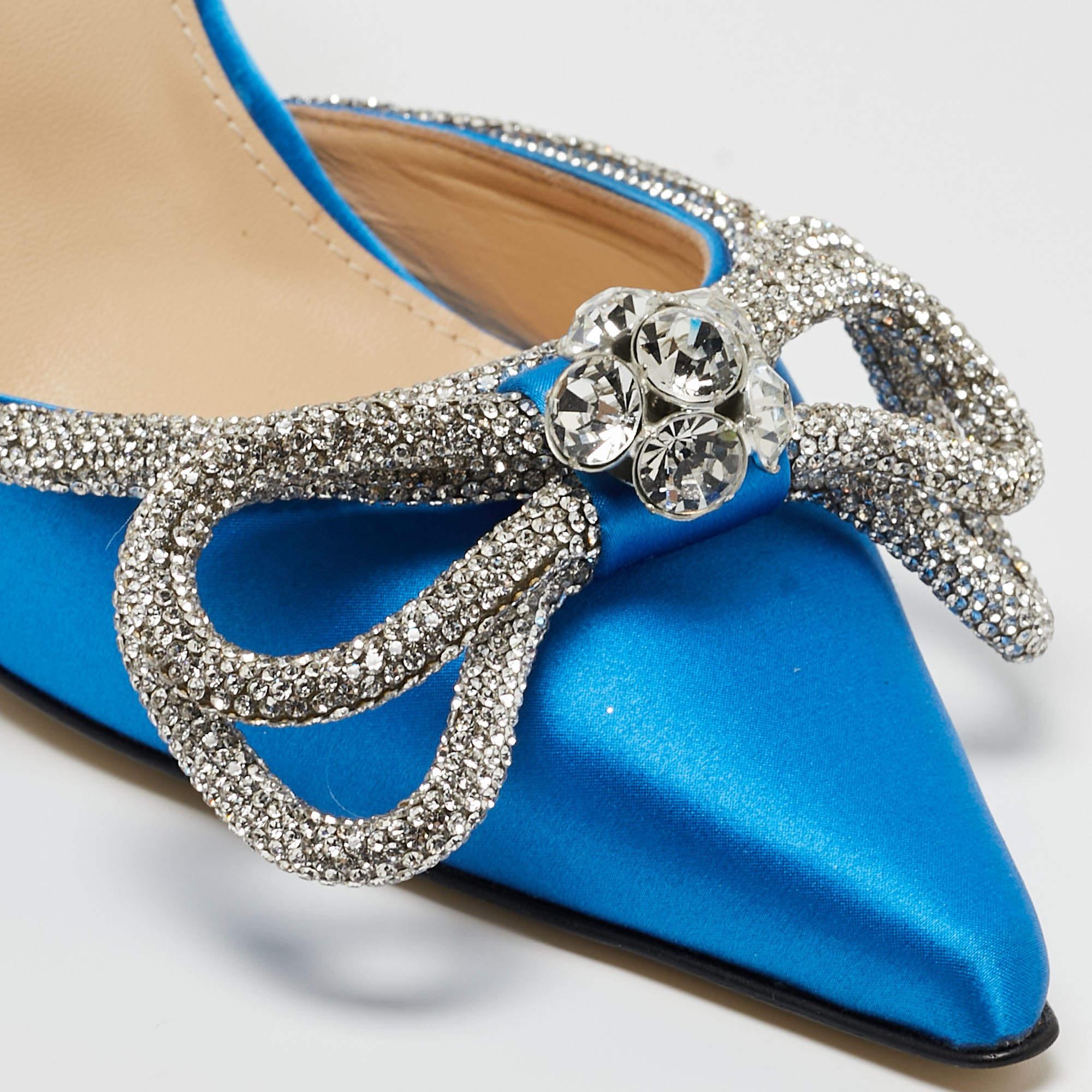 Mach & Mach Blue Satin Crystal Embellished Ankle Wrap Pointed Toe Pumps Sze 39.5 In Excellent Condition In Dubai, Al Qouz 2