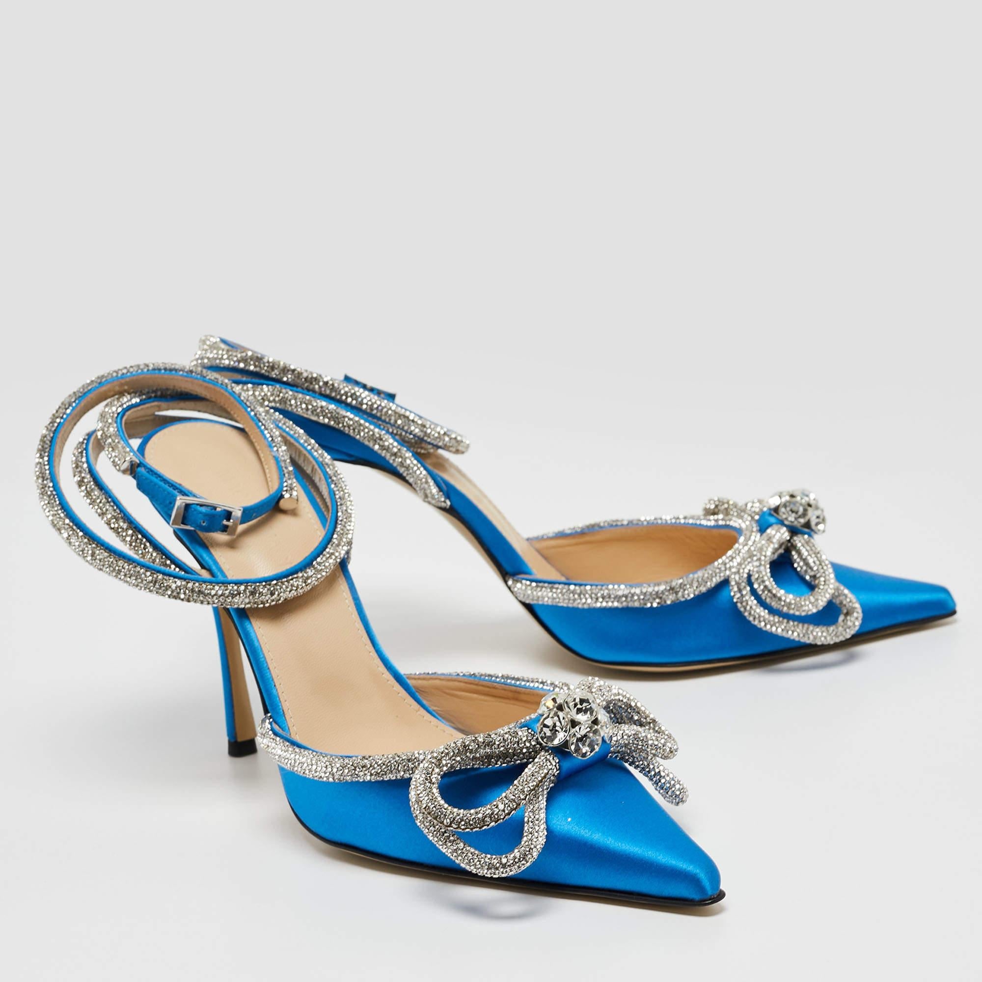 Women's Mach & Mach Blue Satin Crystal Embellished Ankle Wrap Pointed Toe Pumps Sze 39.5