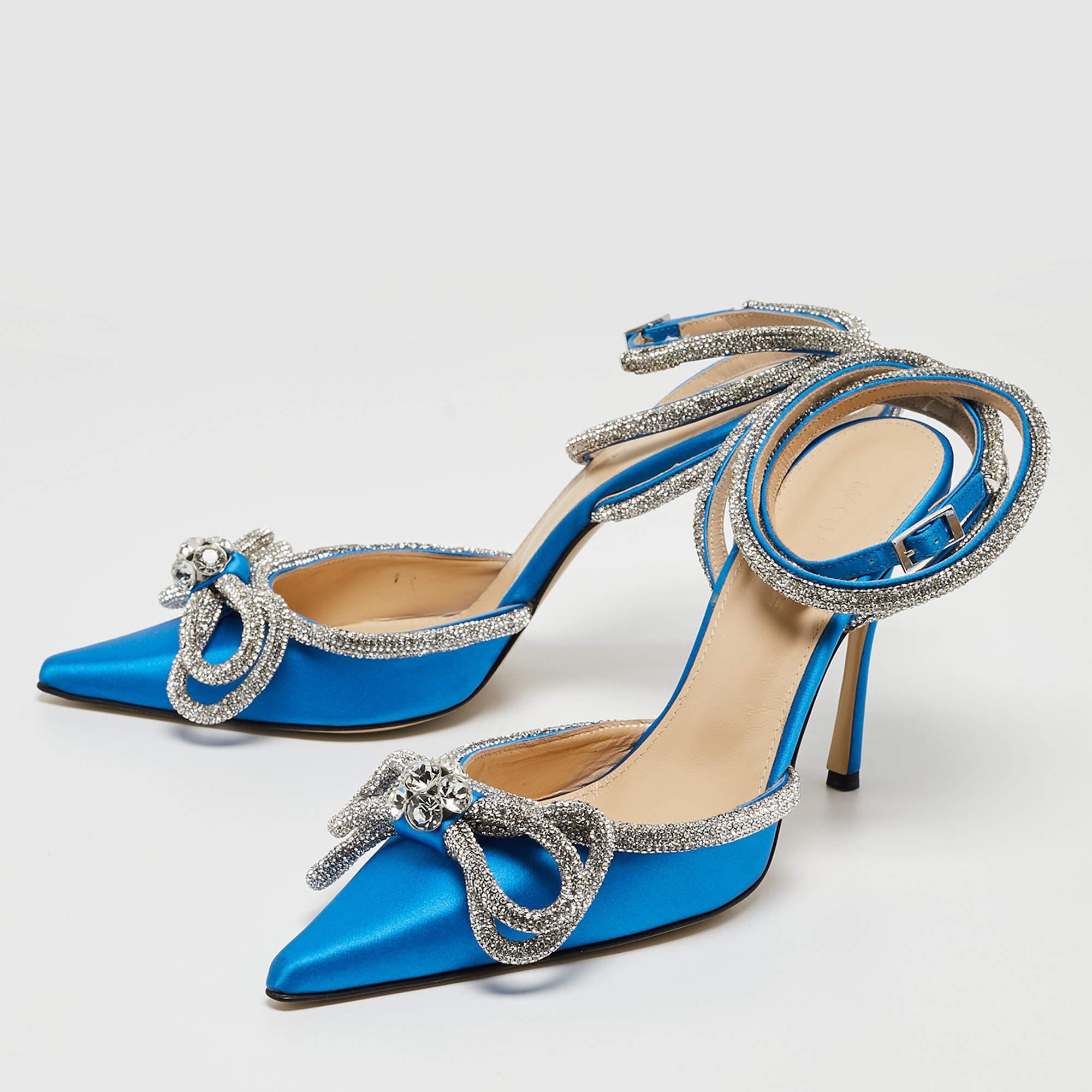 Mach & Mach Blue Satin Crystal Embellished Ankle Wrap Pointed Toe Pumps Sze 39.5 1