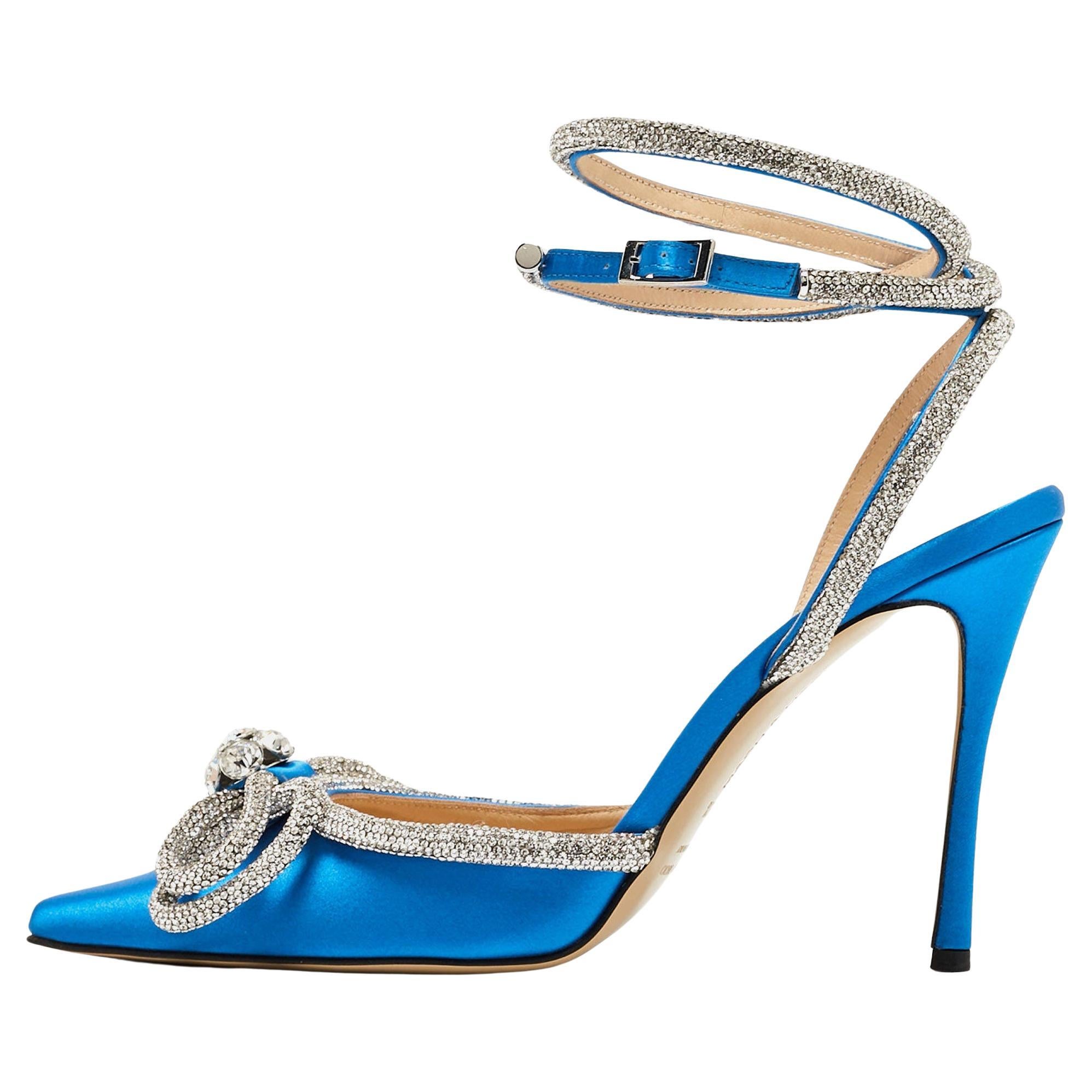 Mach & Mach Blue Satin Crystal Embellished Ankle Wrap Pointed Toe Pumps Sze 39.5