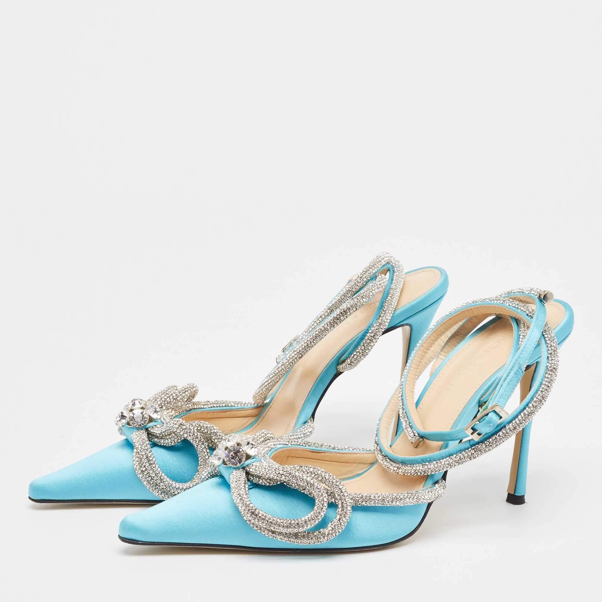 Mach & Mach Blue Satin Crystal Embellished Double Bow Pumps Size 39 In Good Condition For Sale In Dubai, Al Qouz 2