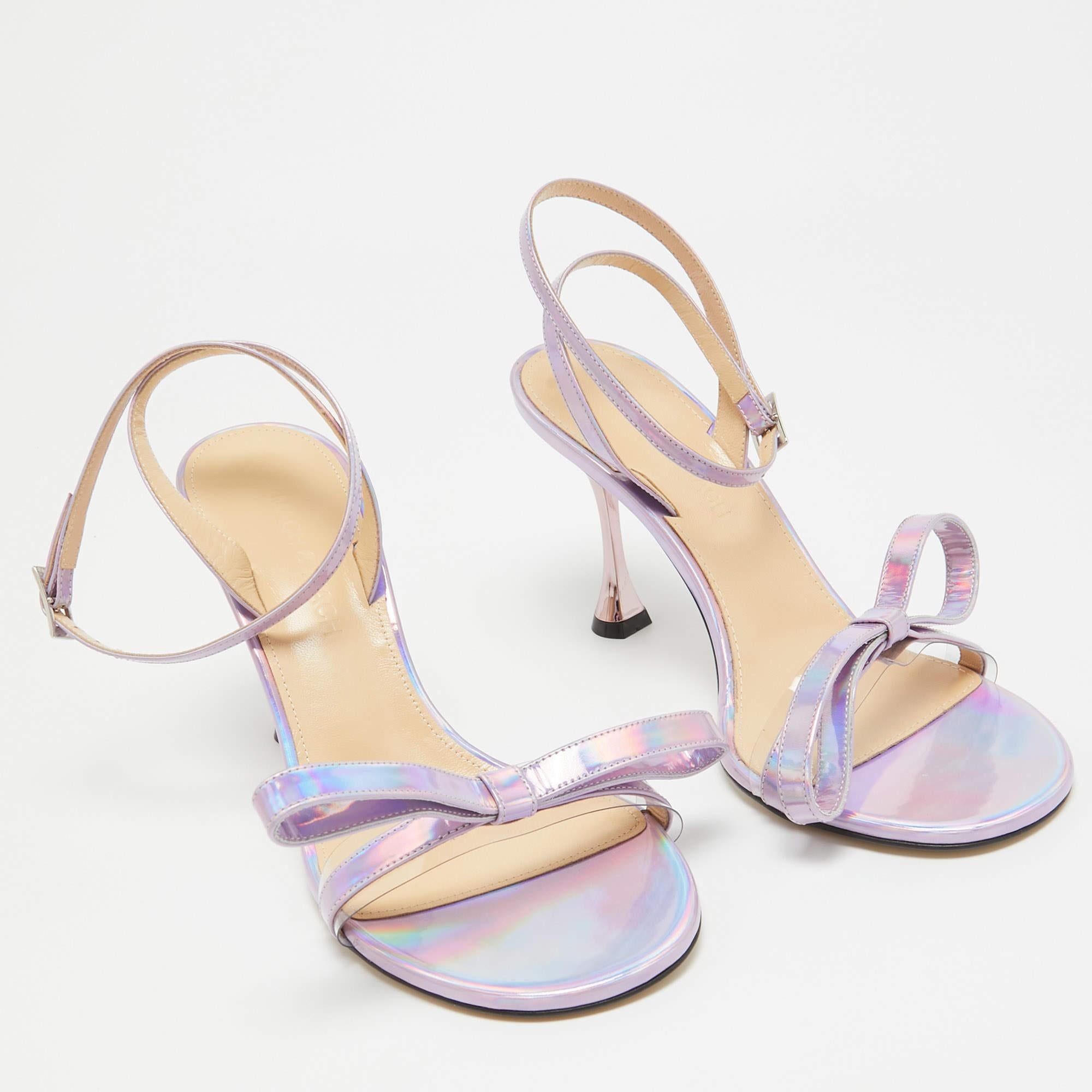 Gray Mach & Mach Iridescent Purple Patent Leather and PVC French Bow Sandals Size 37. For Sale
