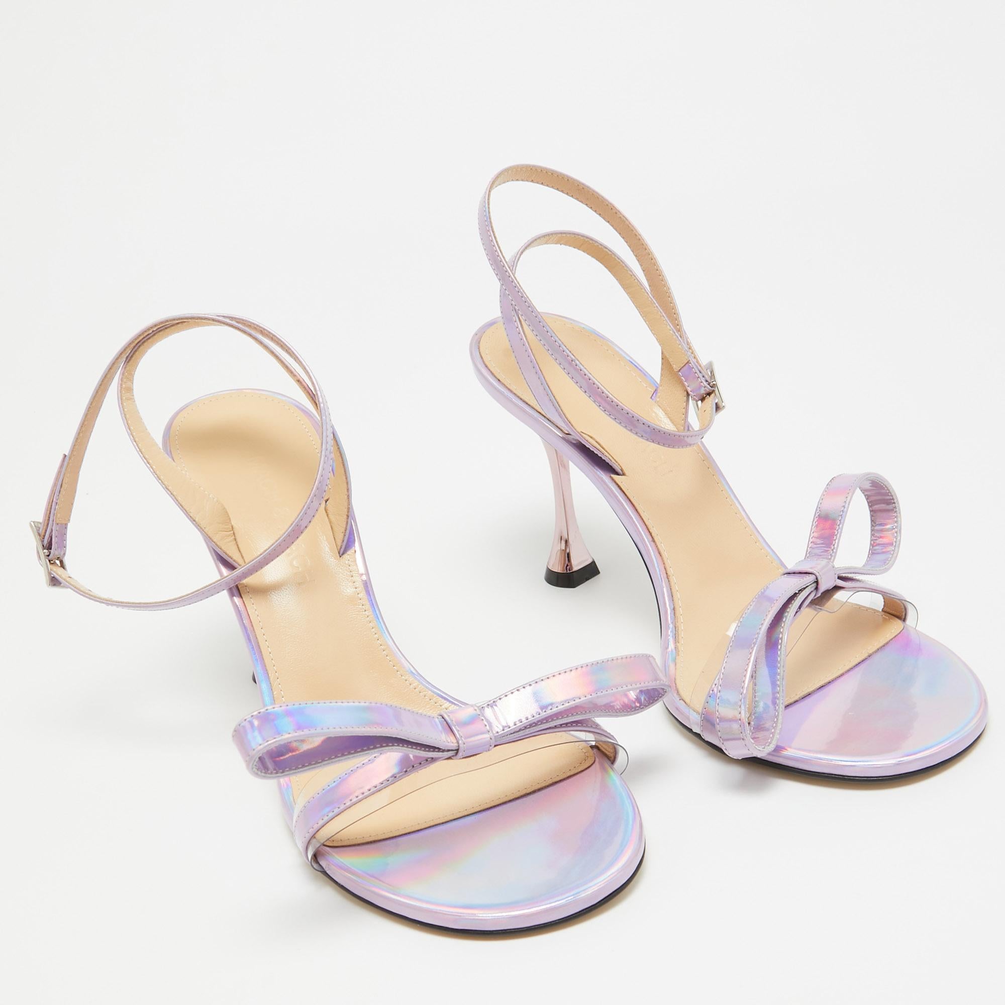 Women's Mach & Mach Iridescent Purple Patent Leather and PVC French Bow Sandals Size 37. For Sale