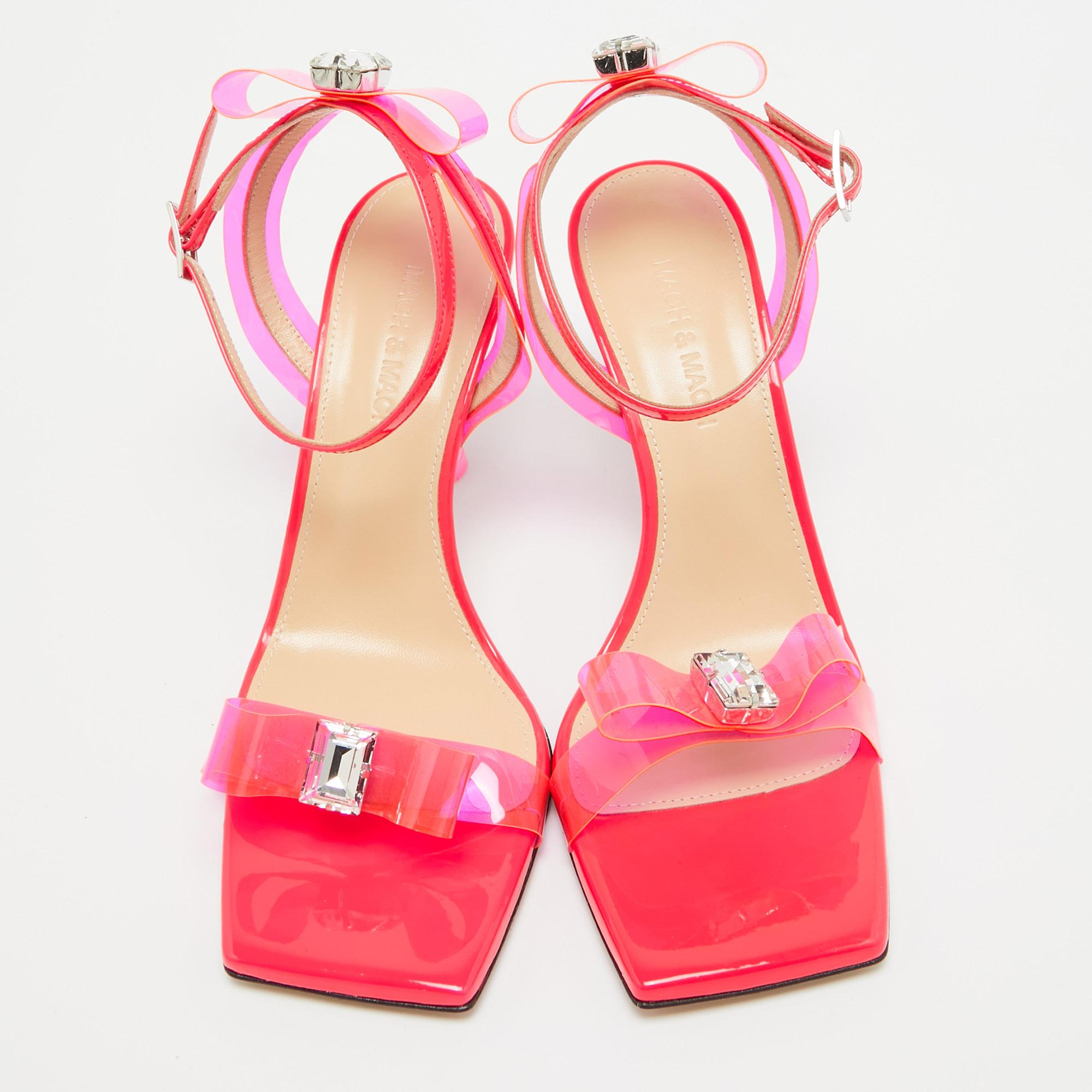 Mach & Mach Neon Pink PVC and Patent Leather French Bow Sandals Size 36 In Good Condition For Sale In Dubai, Al Qouz 2