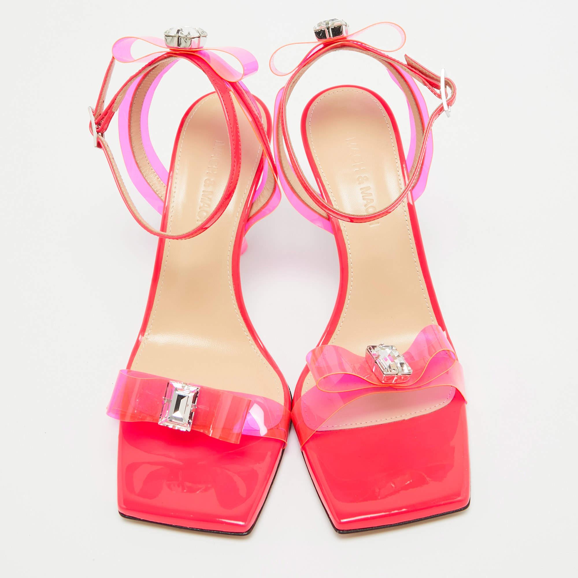 Mach & Mach Neon Pink PVC and Patent Leather French Bow Sandals Size 37.5 In New Condition For Sale In Dubai, Al Qouz 2
